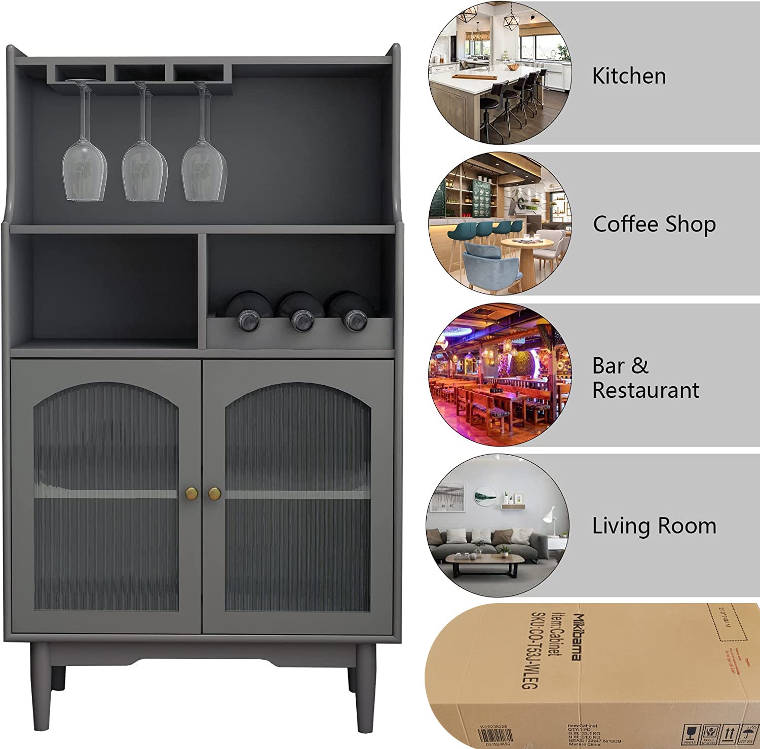 mikibama Wooden Bar Cabinet with Storage - Glass Hanger & Wine Rack Buffet Sideboard, Accent Console Table Credenza for Liquor, Kitchen, Living Room, Pub - Perfect for Home Entertaining & Dining Room Decor