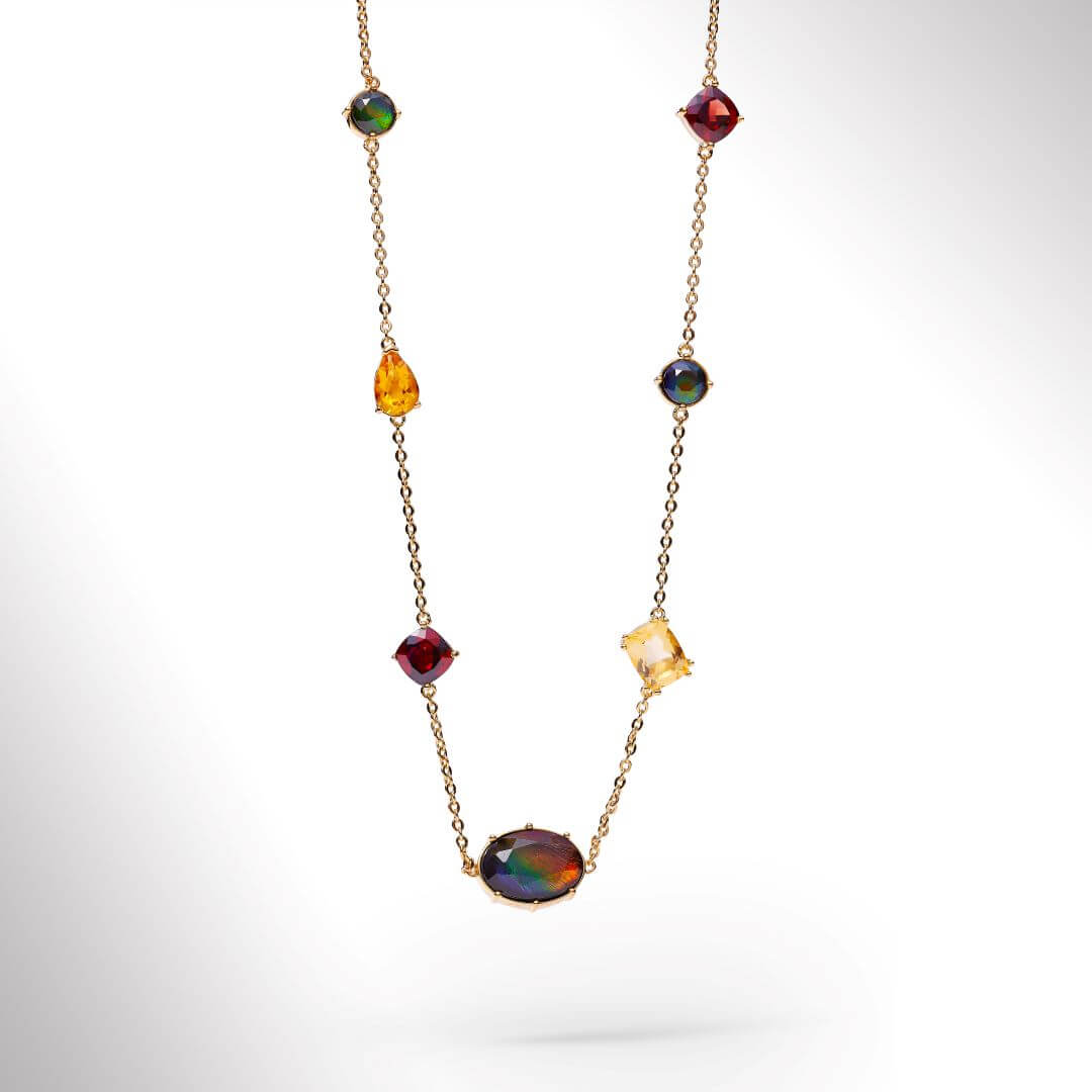18K Gold Vermeil Ammolite Necklace with Garnet & Citrine | Elegant Radiant Station Pendant for Women | Perfect for Weddings, Parties & Special Occasions