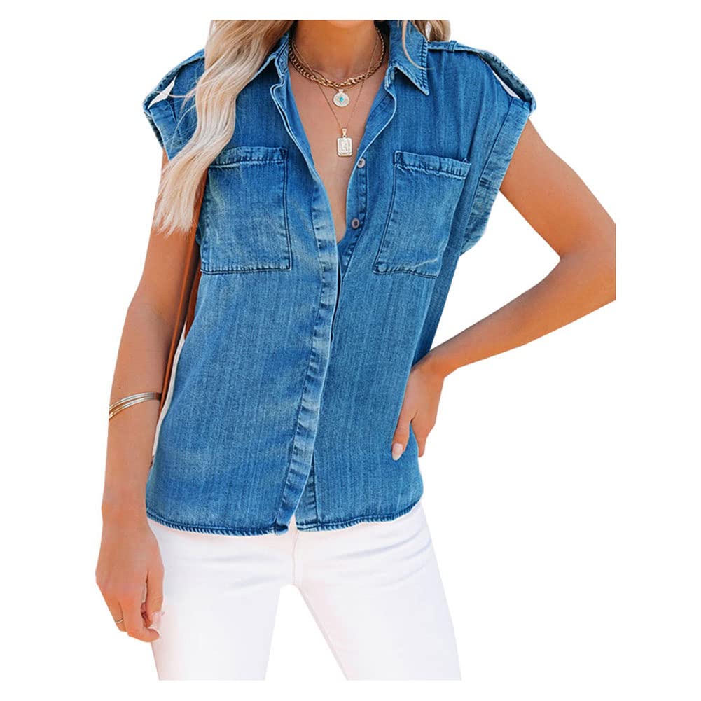 Women's Sleeveless Denim Shirt - Loose Fit Casual Top with 2 Pockets | Perfect for Summer Outfits, Beach Cover-Up & Layering