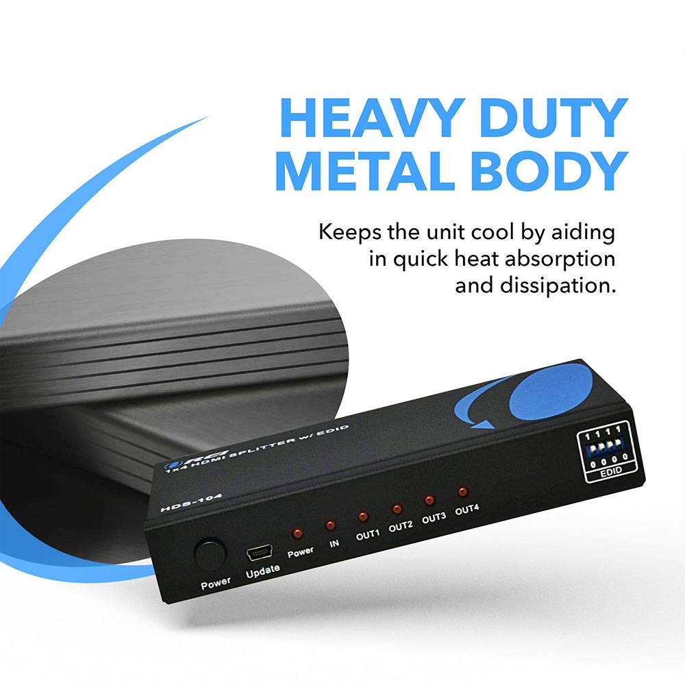 1x4 HDMI Splitter with Power Adapter - 1 Input 4 Output, EDID Support (HDS 104) for Home Theater, Gaming & Multi-Screen Presentations