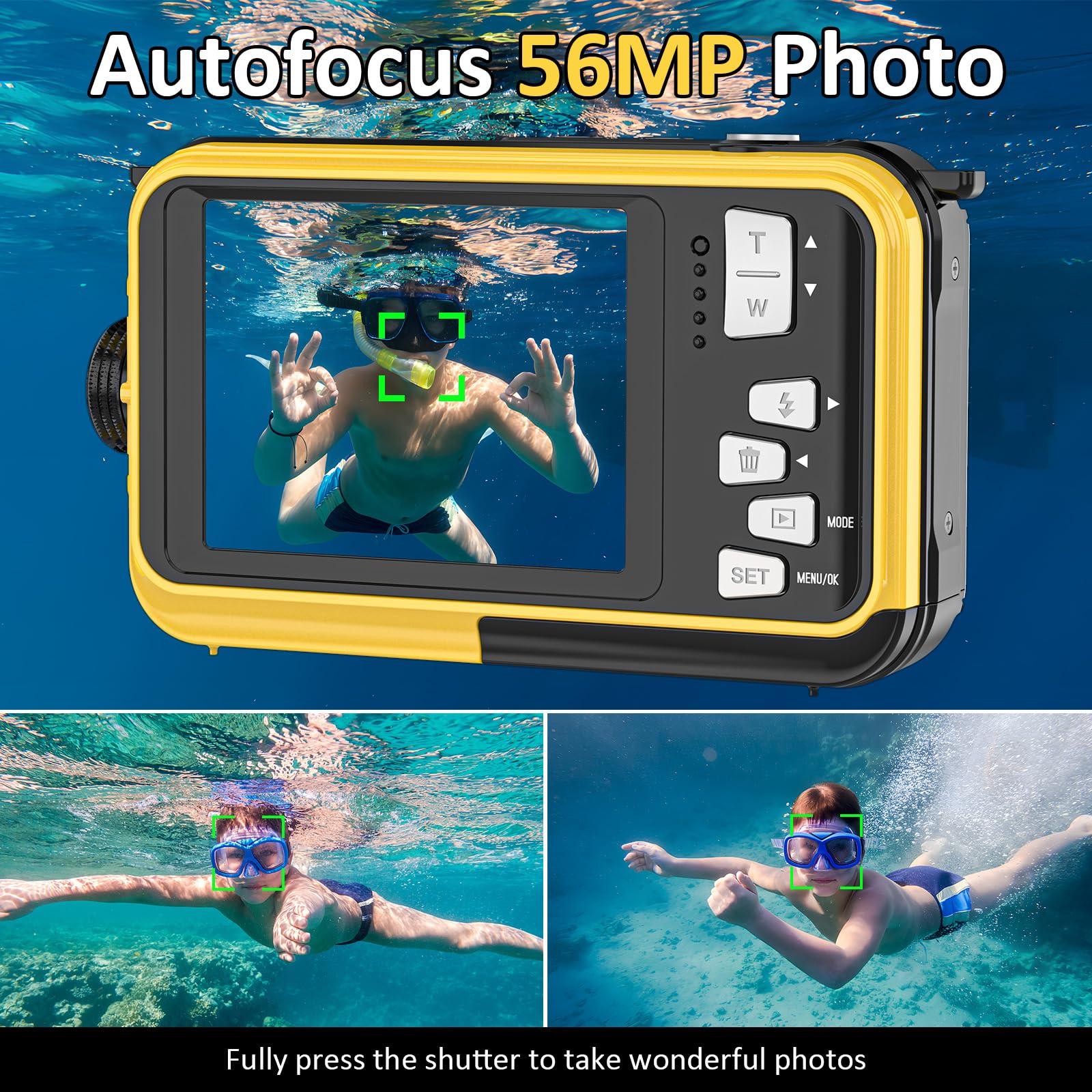 4K Waterproof Digital Camera 56MP Autofocus Dual-Screen Selfie Underwater Camera with 32GB Card - 11FT Depth, Compact Floatable Point & Shoot for Snorkeling, Scuba Diving & Beach Vacations - Includes 1250mAh Rechargeable Battery