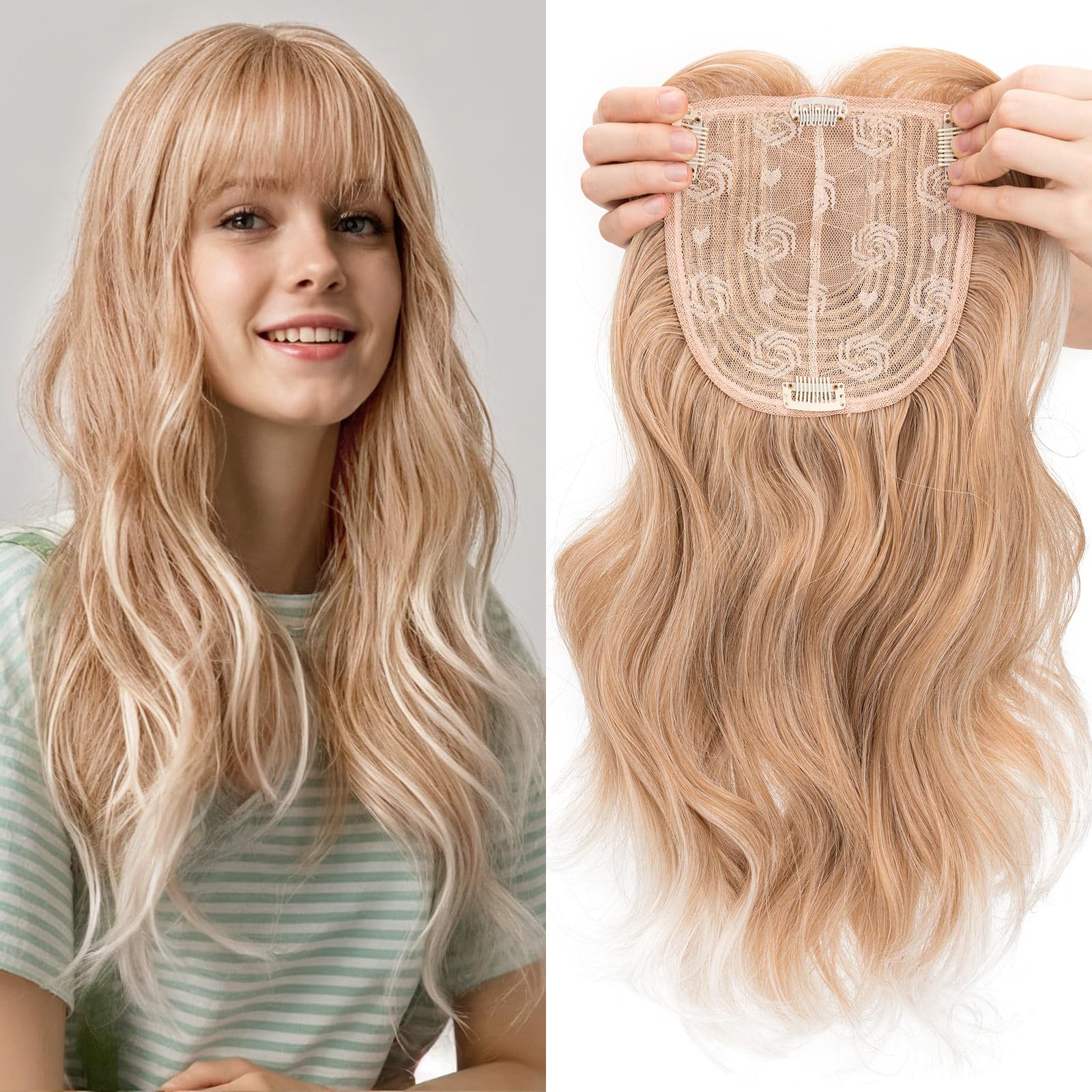 18 Inch Synthetic Hair Topper with Bangs - Natural Looking Hairpiece for Thinning Hair - Perfect for Daily Wear, Cosplay & Special Occasions