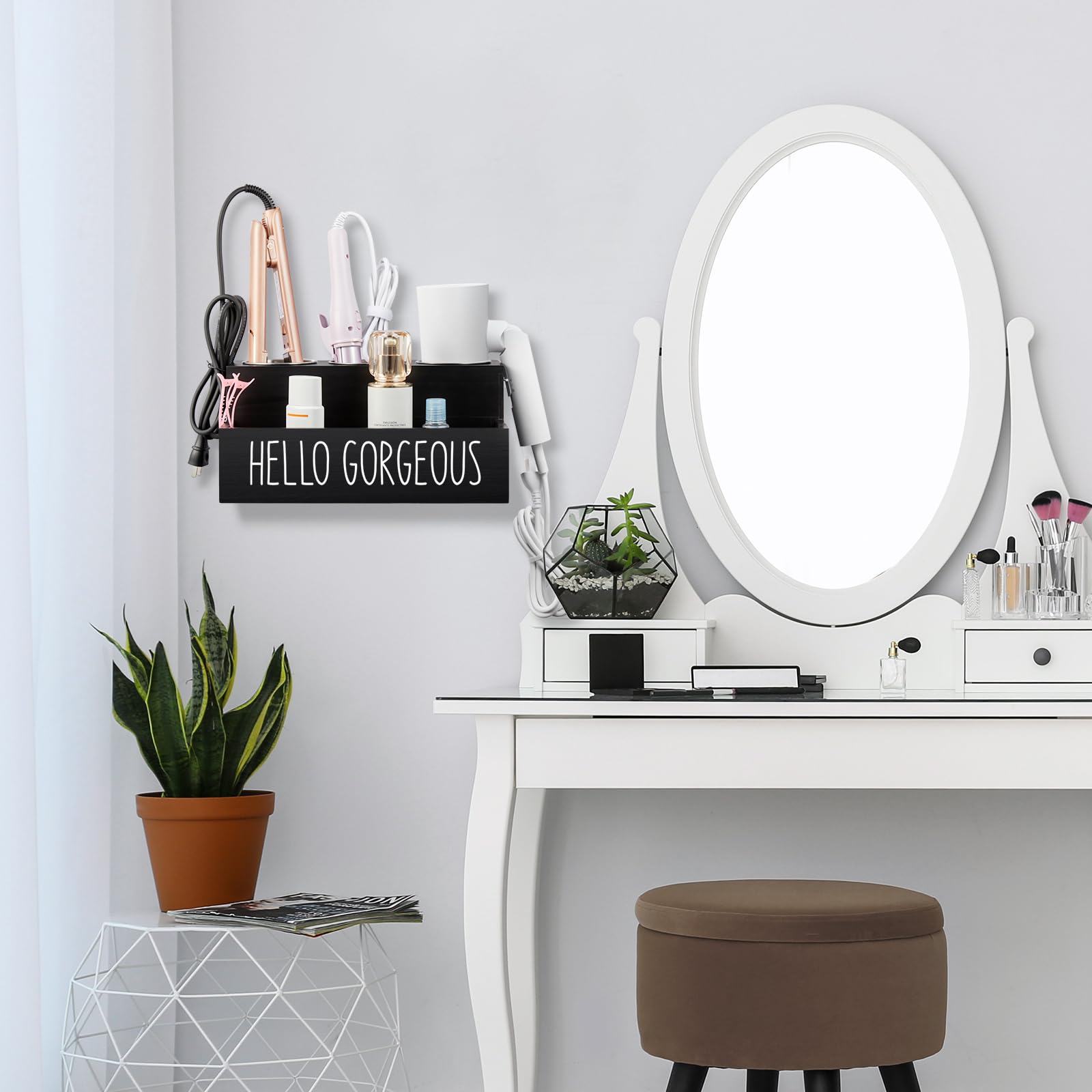 Wooden Hair Tool Organizer - Wall Mount & Countertop Holder for Hair Dryer, Curling Wand & Styling Tools | Bathroom Vanity Caddy | Perfect for Salon, Home & Travel Use (Black)