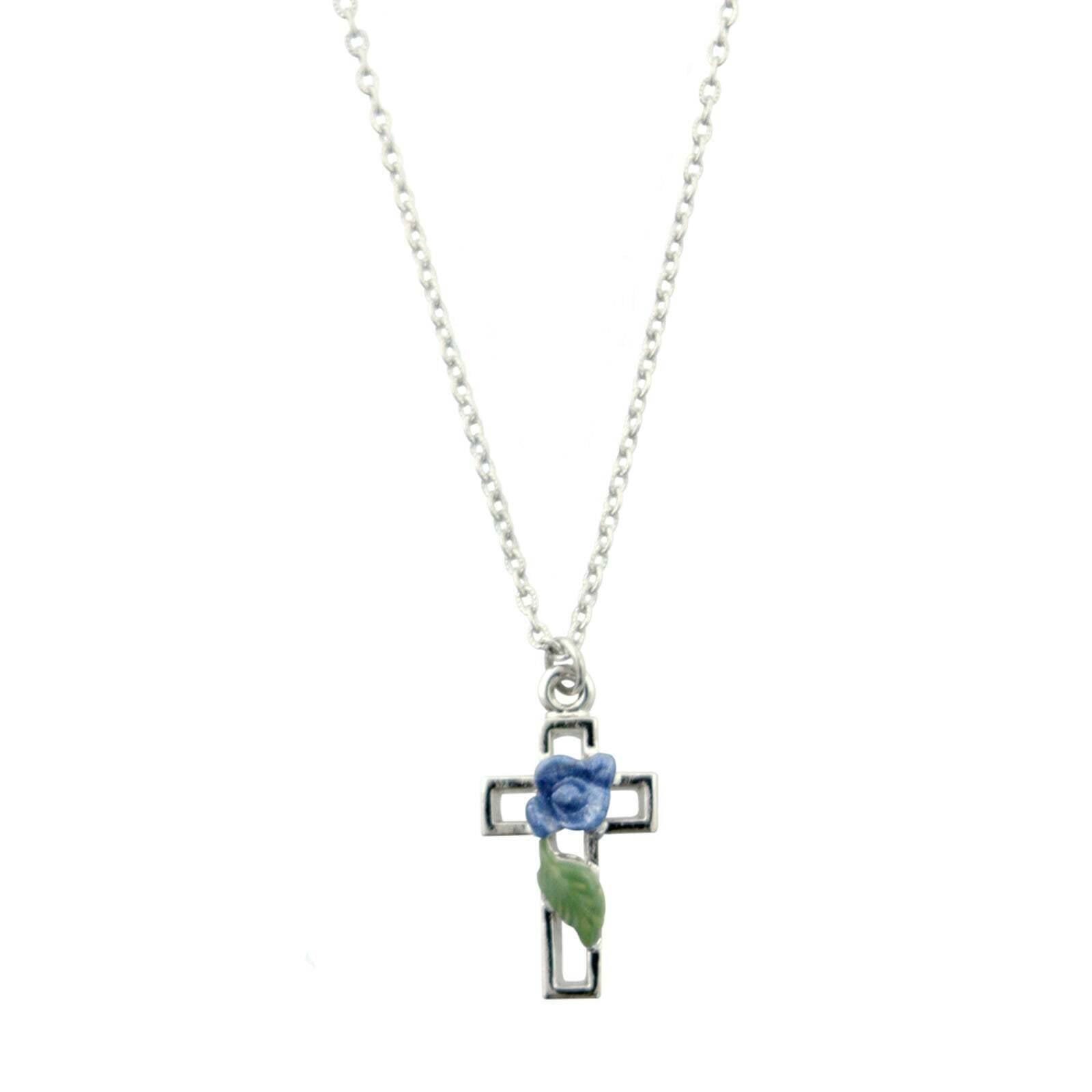 1928 Jewelry Hand Enameled Blue Rose and Leaf Cross Pendant Necklace - 16