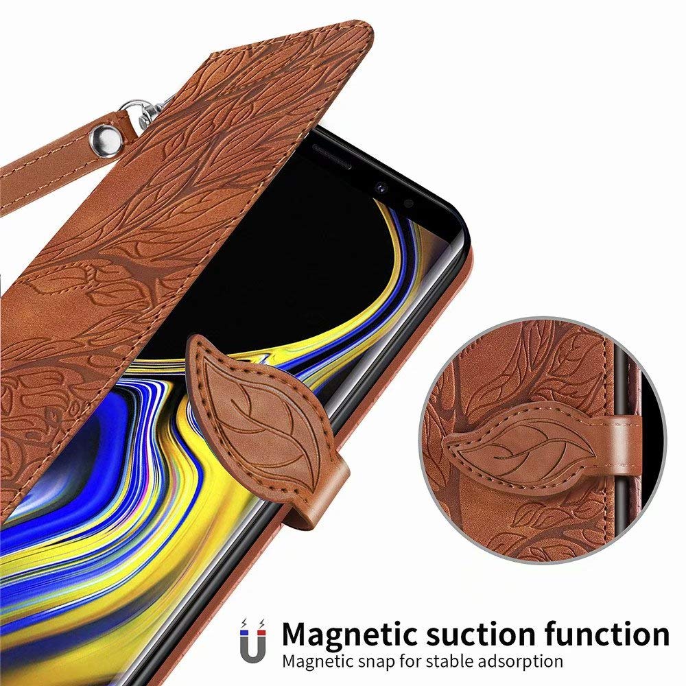 Premium PU Leather Wallet Case for Samsung Galaxy Note 9 - Embossed Tree Design, Folio Flip Cover with Kickstand, Card Slots & Wrist Strap | 6.4 inch Protective Phone Cover (R-Brown) | Perfect for Business, Travel & Everyday Use
