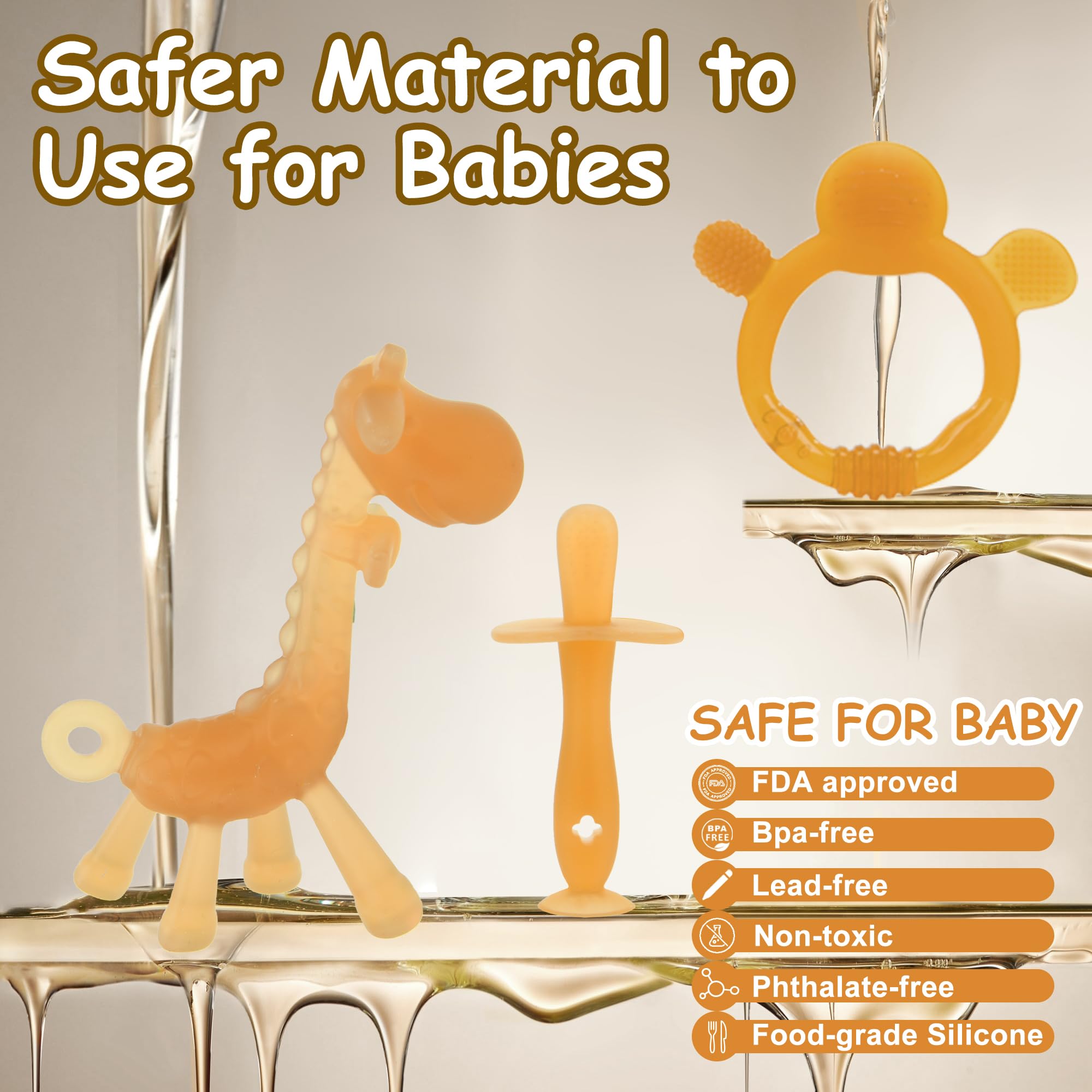 Organic Amber Baby Teething Toys Set of 6 - BPA Free Soft Silicone Teethers for Infants 0-12 Months, Soothing Sore Gums Relief - Freezer Safe, Textured Chew Toys for Boys & Girls | Perfect for Home, Travel & Daycare Use