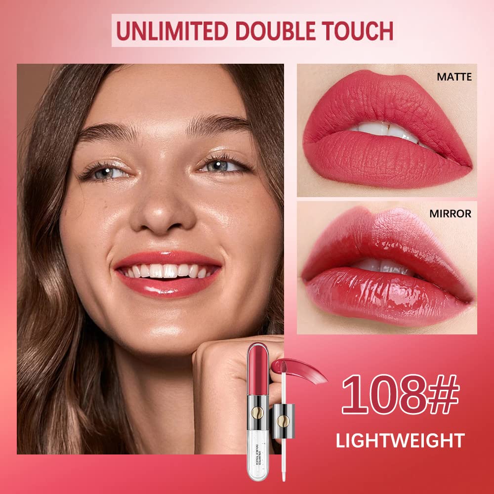 Double Head Matte Liquid Lipstick & Lip Gloss Set - Long Lasting, Moisturizing, Non-Transfer Lip Makeup (Shade 108) for Everyday Wear, Date Night & Special Occasions