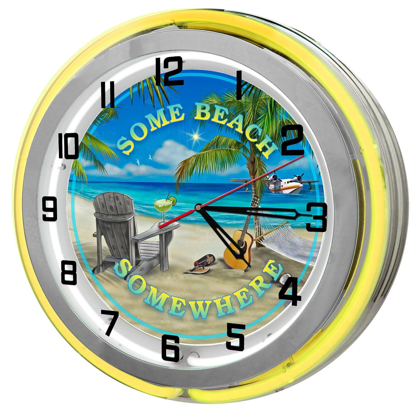 Some Beach Somewhere 18 Inch Yellow Double Neon Garage Clock - Vintage Style Wall Clock for Man Cave, Bar, Workshop & Beach House Decor
