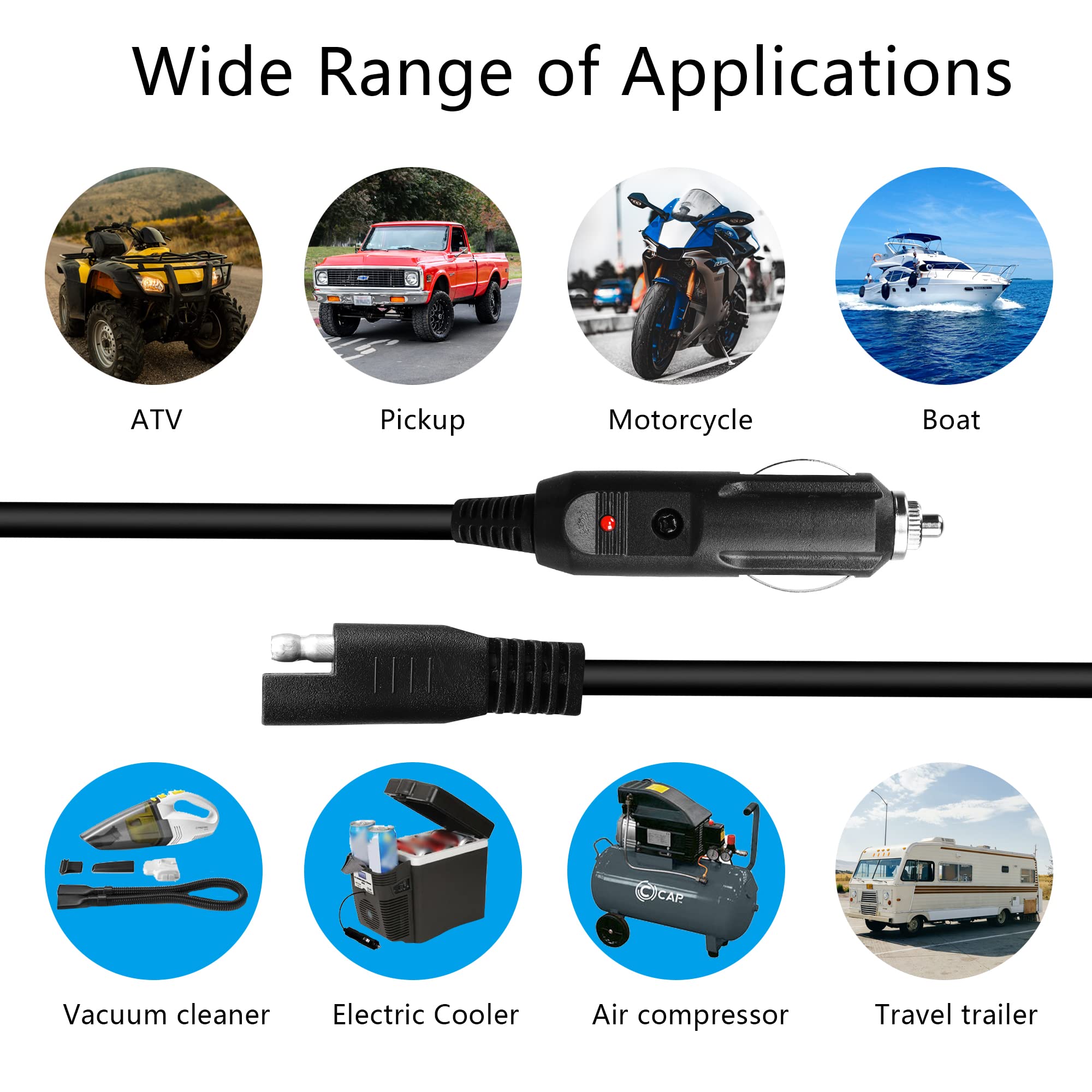 SAE to 12V Cigarette Lighter Adapter Cable - 10A Fuse & LED Light - 1.5M Quick Release Extension Power Cord for Car, RV, Boat & Portable Electronics Charging