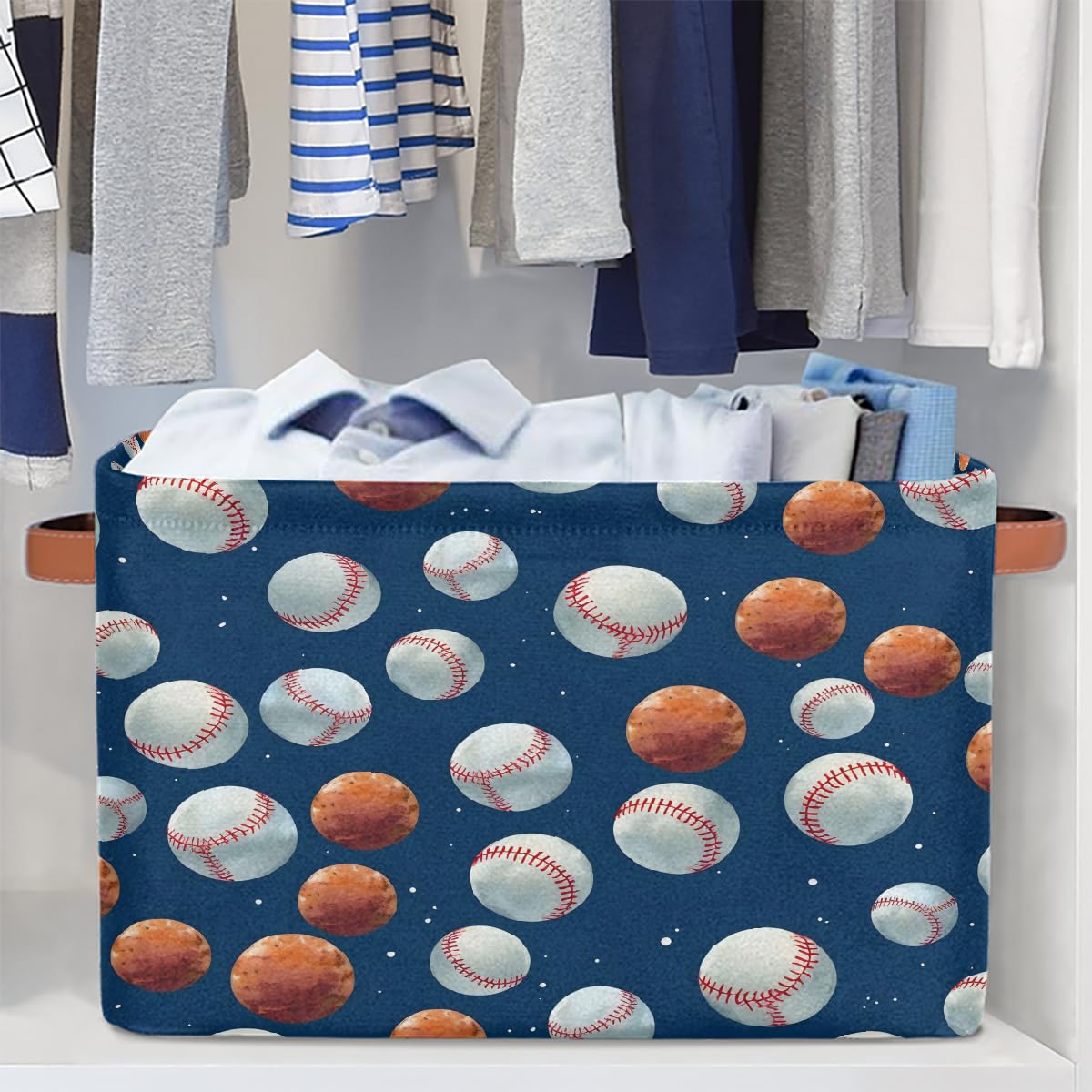 Foldable Baseball Pattern Storage Baskets with Handles - 2 Pack Decorative Shelf Organizer Bins for Home, Bedroom & Closet Organization