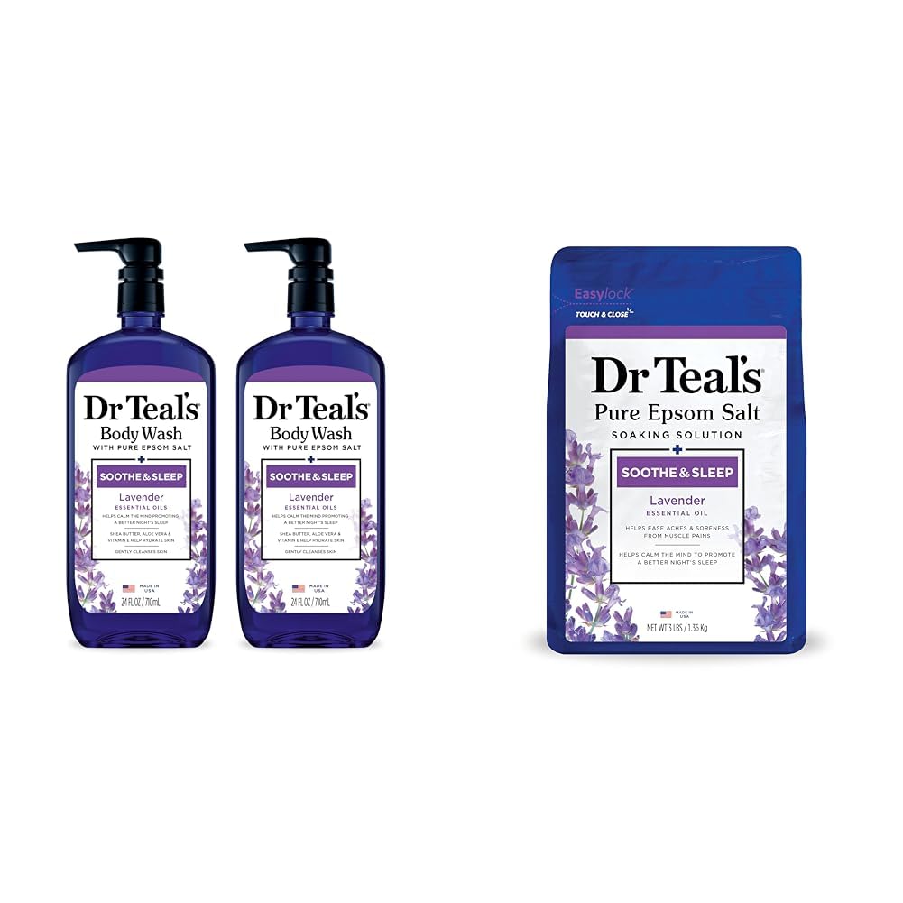 Dr Teal's Lavender Scented Body Wash & Epsom Salt Soak Bundle - 24 fl oz Body Wash (2 Pack) + 3 lbs Soaking Solution - Relaxing Bath & Shower Essentials for Stress Relief & Muscle Recovery