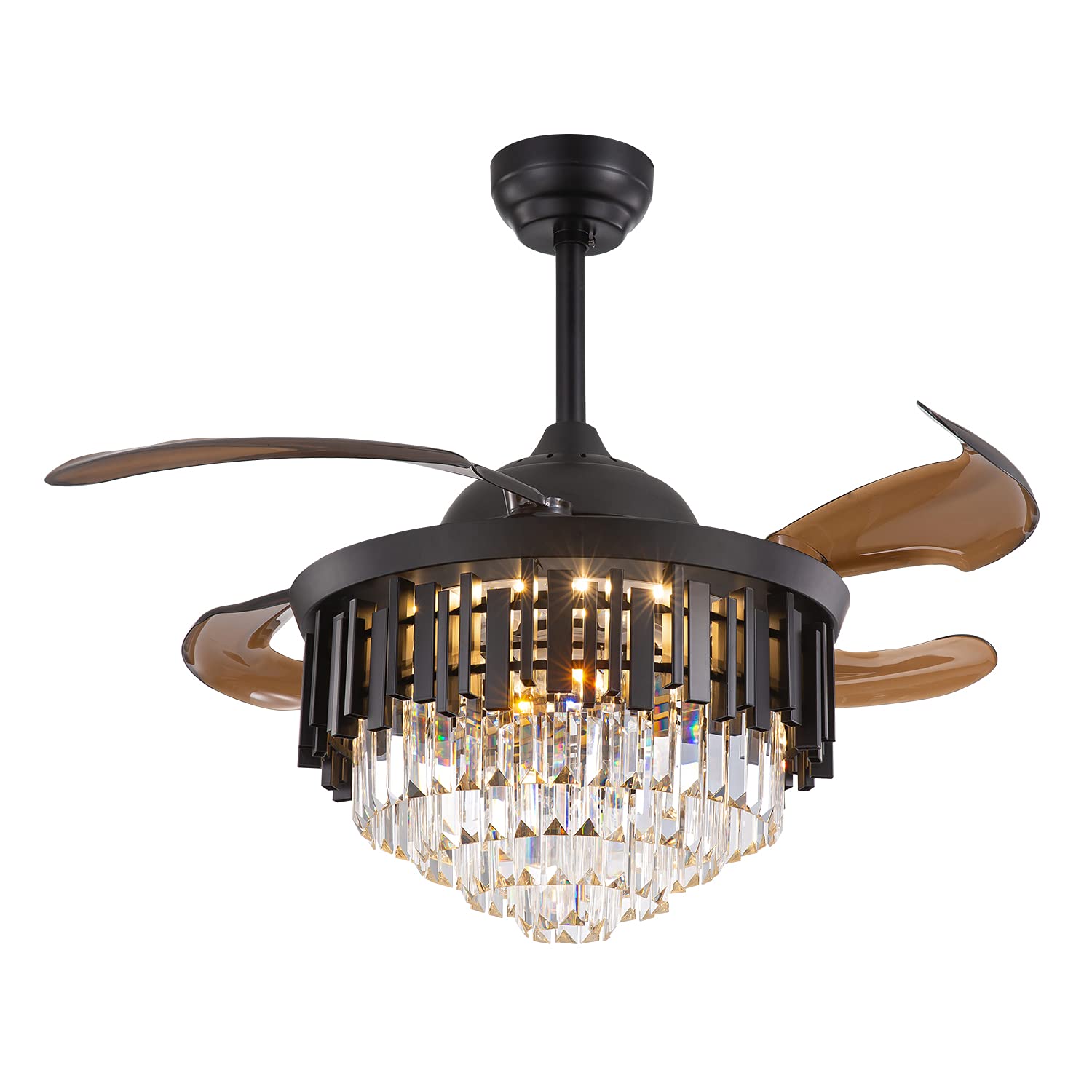 NOXARTE Black Crystal Ceiling Fan with Light - Industrial Style Retractable Chandelier Fan for Dining Room, Bedroom, Living Room | Energy Efficient Cooling & Elegant Lighting Solution for Home Decor
