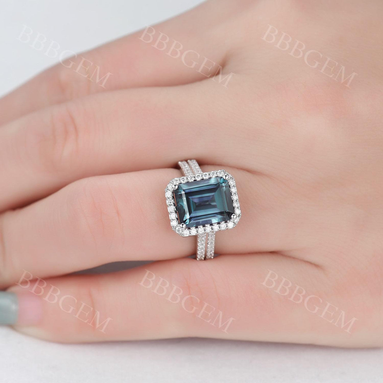 5 Carat Emerald Cut Alexandrite Engagement Ring with Diamond Halo in 14K White Gold - Perfect for Proposals, Anniversaries & Special Occasions