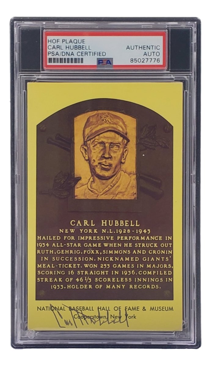 Carl Hubbell Autographed 4x6 New York Giants Hall of Fame Plaque Card with PSA/DNA Certification #85027776 - Perfect for Sports Memorabilia Collectors and Baseball Fans Display