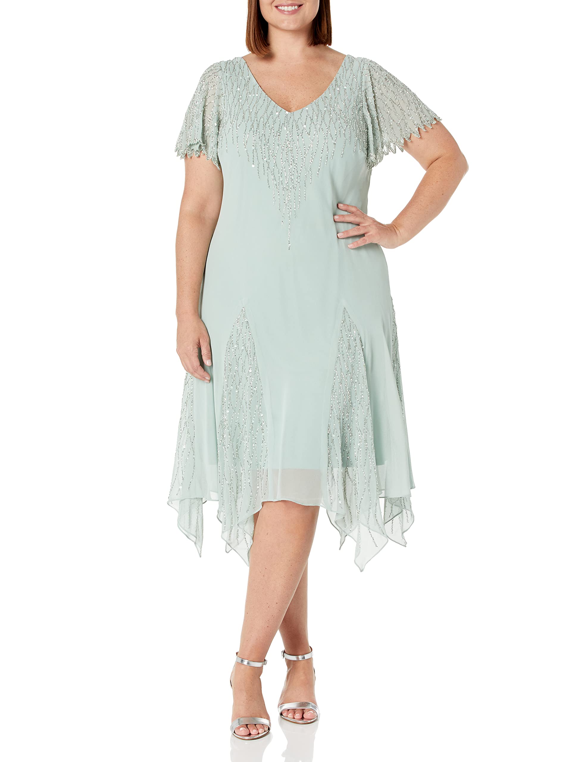 J Kara Women's Plus Size Short Beaded Party Dress for Special Occasions - Celadon & Multi Color - Size 16 Plus | Perfect for Weddings, Cocktail Parties & Evening Events