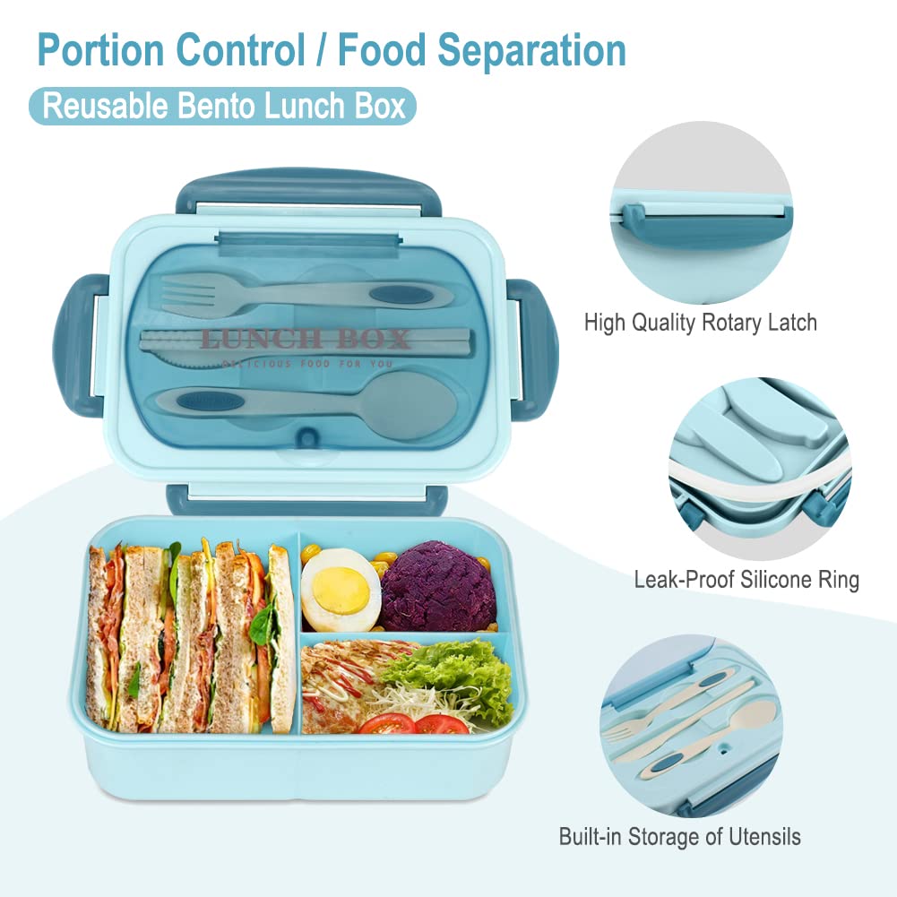NatraProw 1200ML Bento Box for Adults - Leak Proof 3 Compartment Lunch Container with Utensils, BPA Free & Microwave Safe - Perfect for Office, School, Picnics & Meal Prep (Blue)