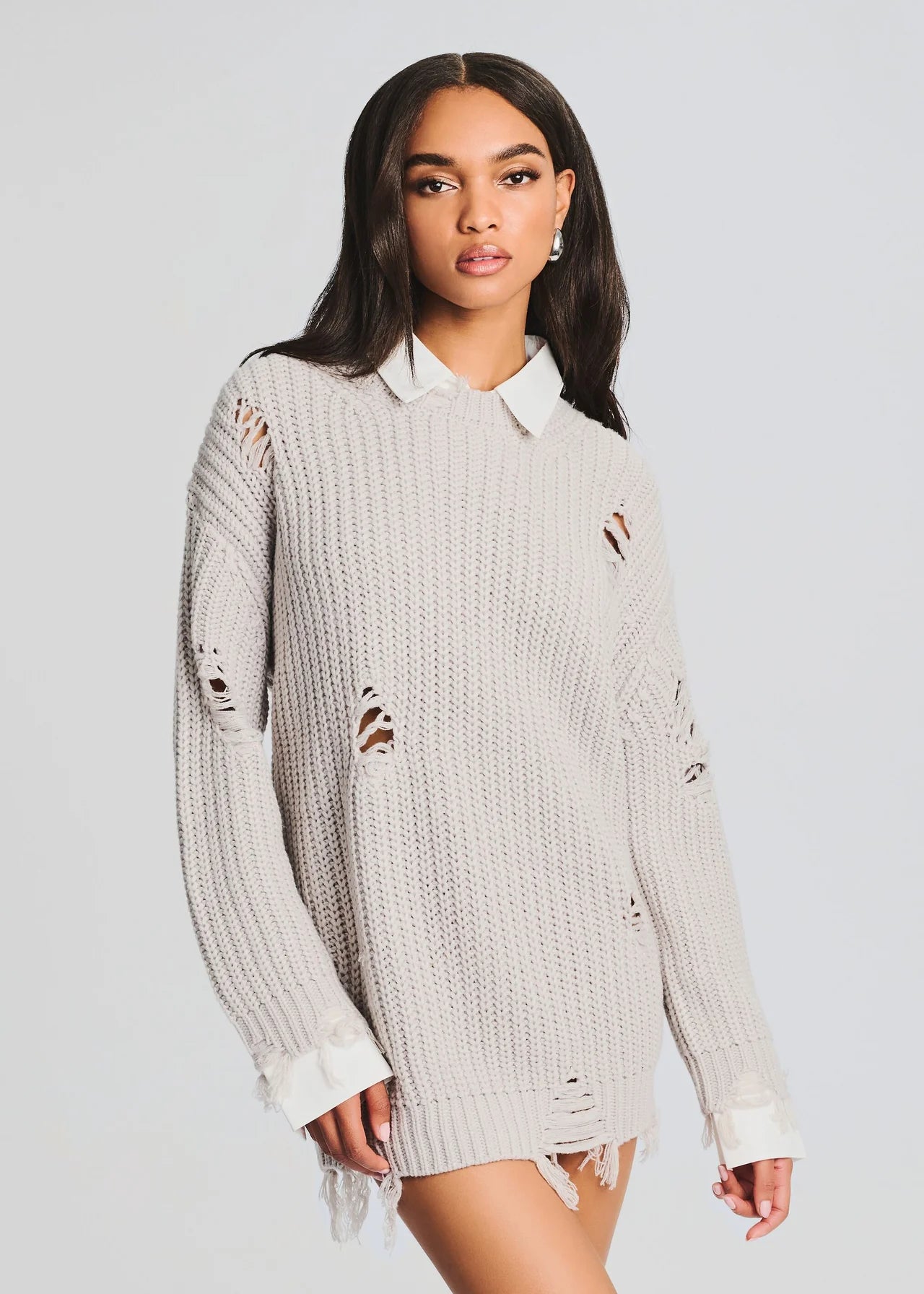 Chloe Women's Silver Knit Sweater Dress - Cozy & Stylish for Fall, Winter, and Holiday Parties