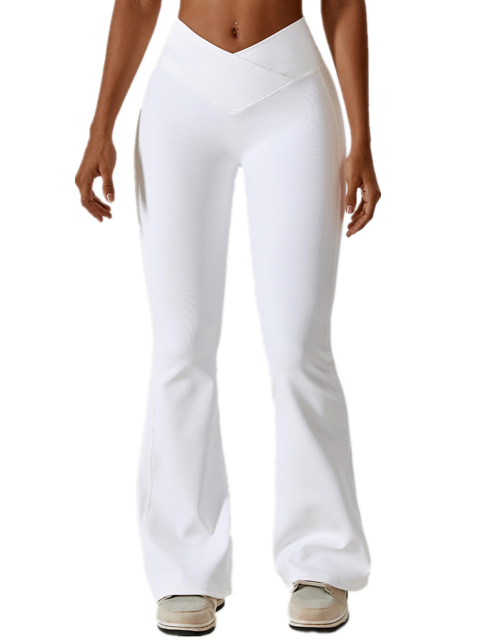 ABOCIW Women's High Waisted Crossover Ribbed Flare Leggings - Bootcut Yoga Pants with Tummy Control for Gym, Workout & Everyday Wear