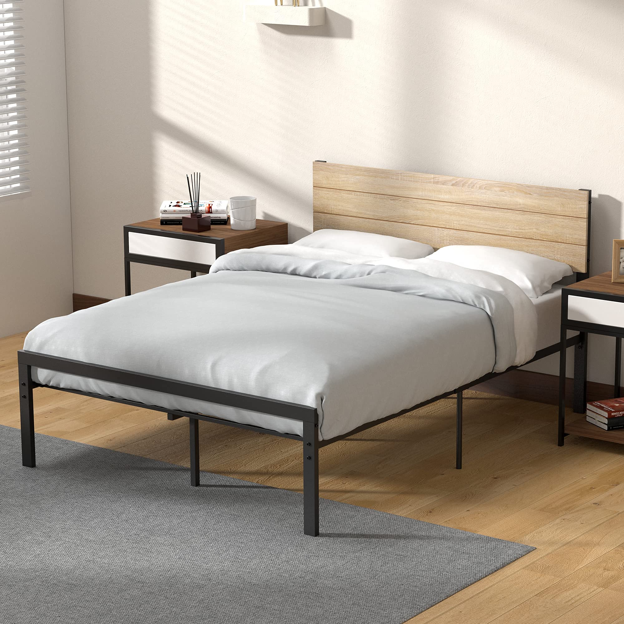 Full Size Wooden Platform Bed Frame with Headboard & Storage - No Box Spring Needed, Easy Assembly - Perfect for Small Bedrooms, Guest Rooms & Apartments