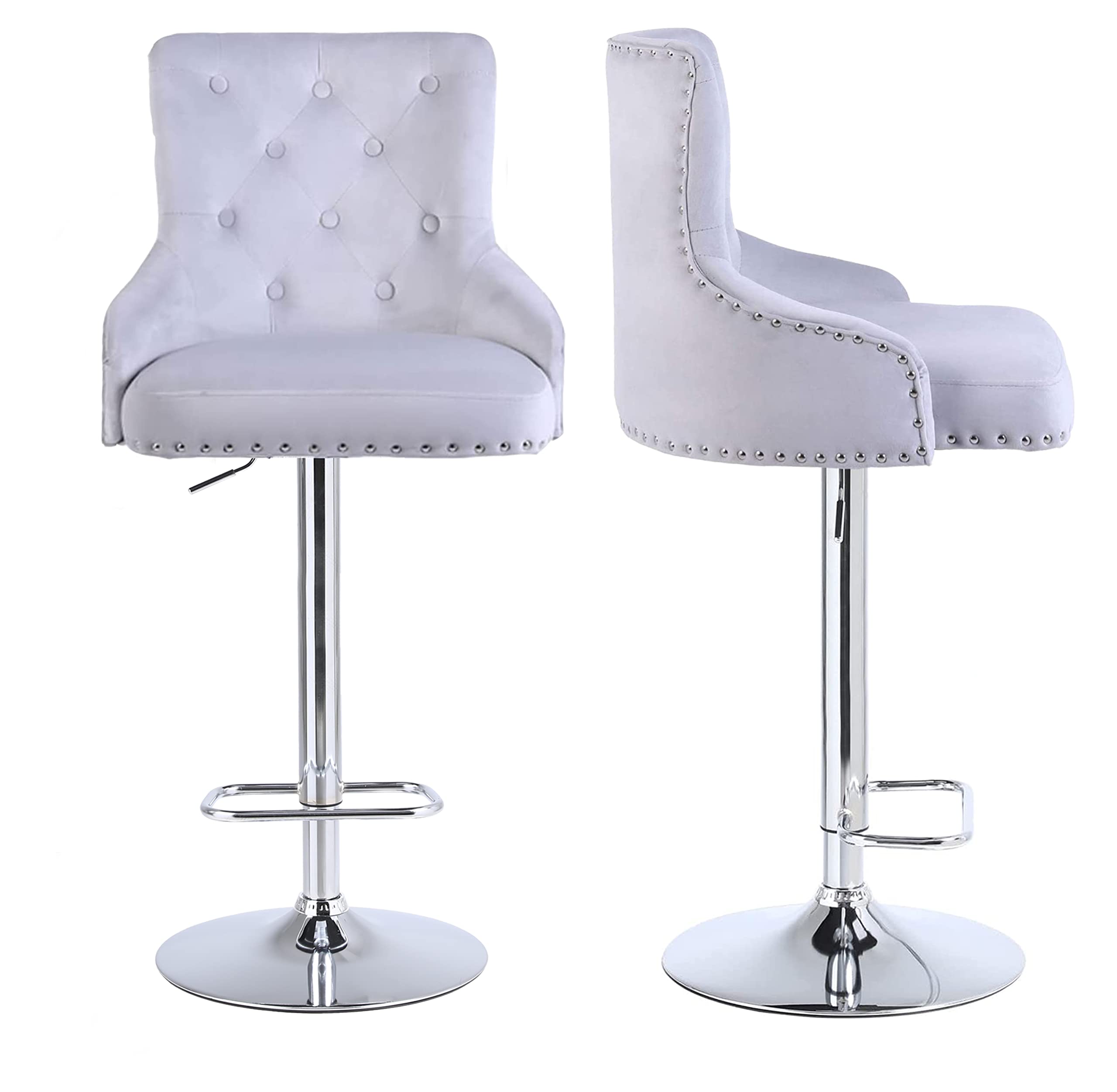 Premium Velvet Swivel Bar Stools Set of 2 - Adjustable Height Silver Grey Counter Stools with Back Support | Perfect for Kitchen Island, Breakfast Bar & Home Decor