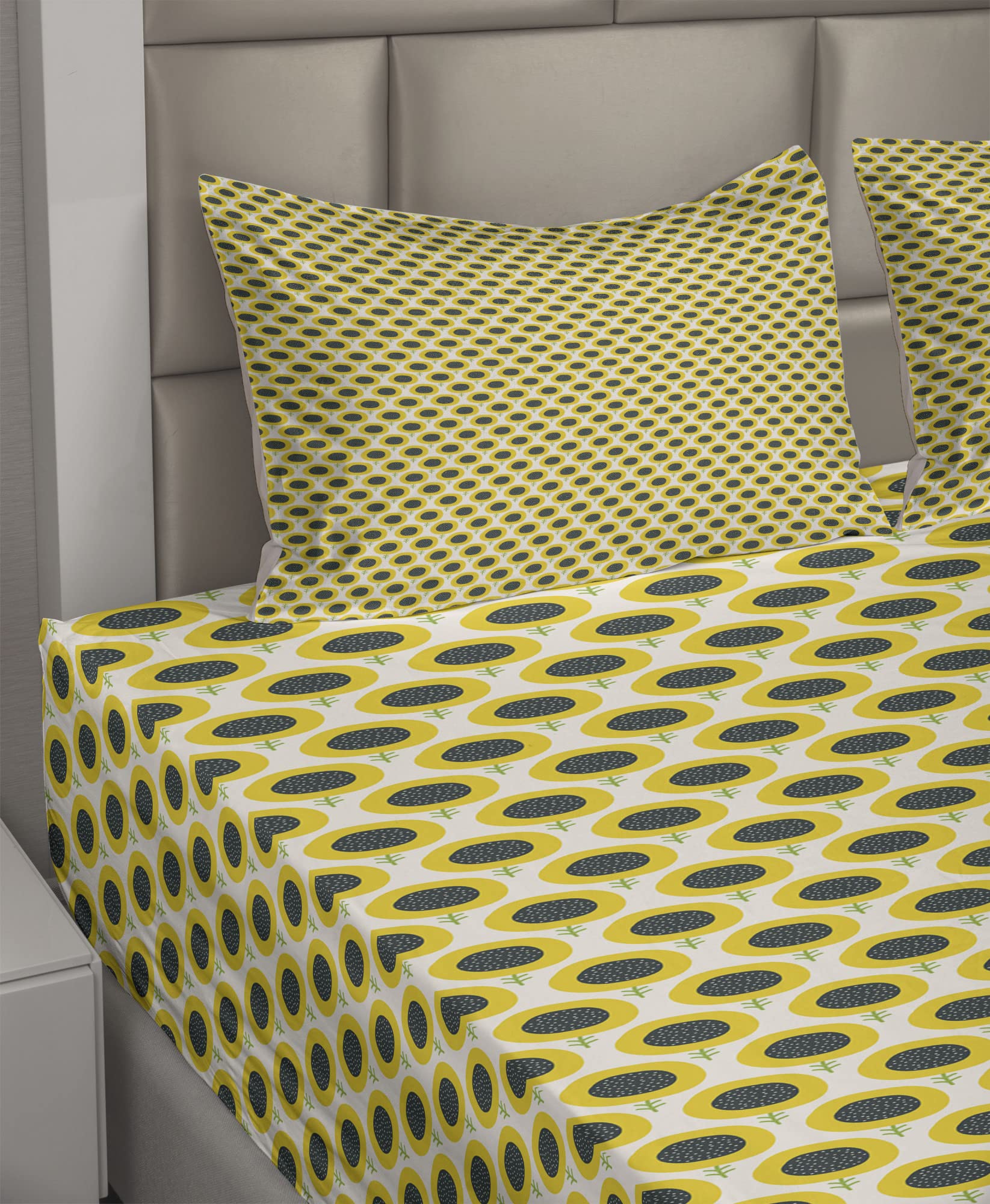 Ambesonne Floral Sheet Set 4-Piece King Size - Doodle Sunflowers Harvest Design, Dark Teal Green & Yellow - Fitted & Flat Sheets with Pillowcases - Perfect for Playroom, Gardening Theme Bedroom or Boho Chic Decor
