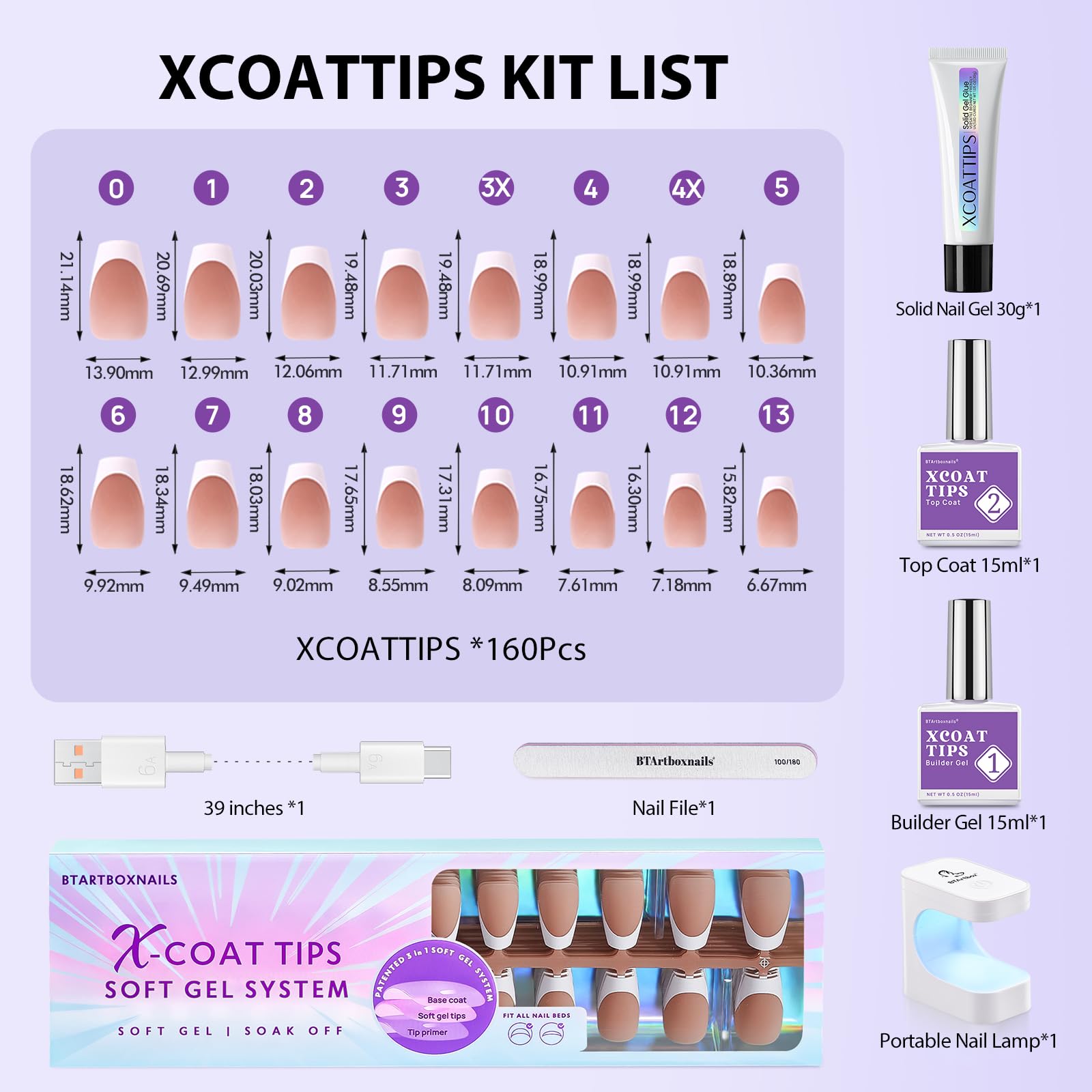 BTArtbox French Gel Press On Nails Kit - Short Coffin Shape with Brown French Tips | XCOATTIPS Nail Art Designs | Perfect for Weddings, Parties & Everyday Wear