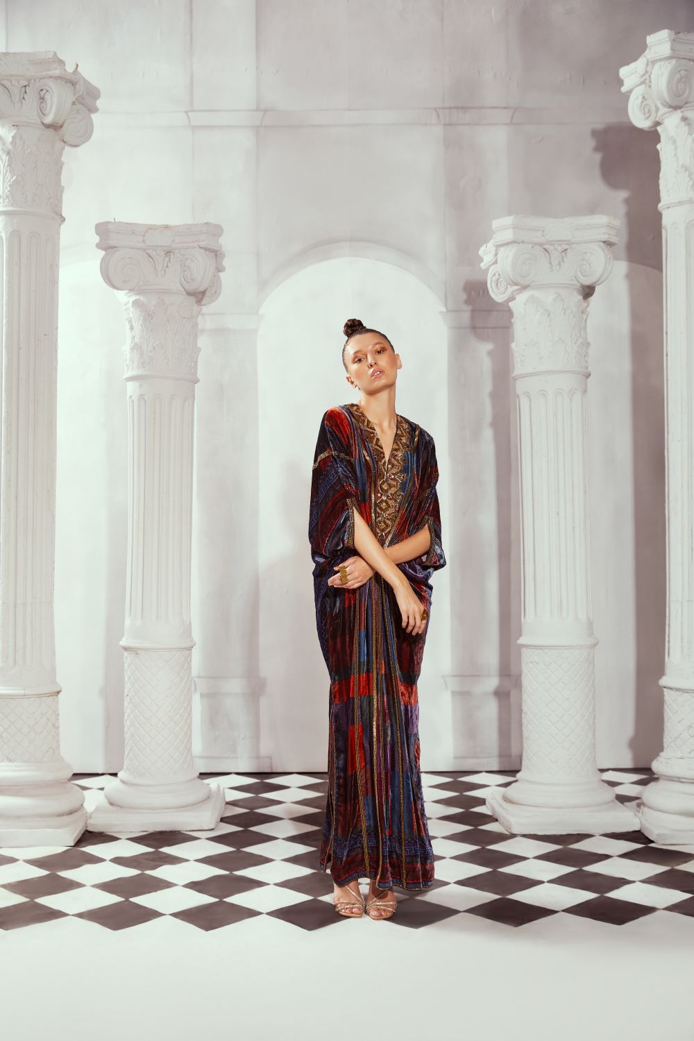 Stylish Tangerine Tile Print Kaftan with Exquisite Baroque Hand Embroidery - Perfect for Beach Cover-ups, Summer Vacations & Boho Fashion