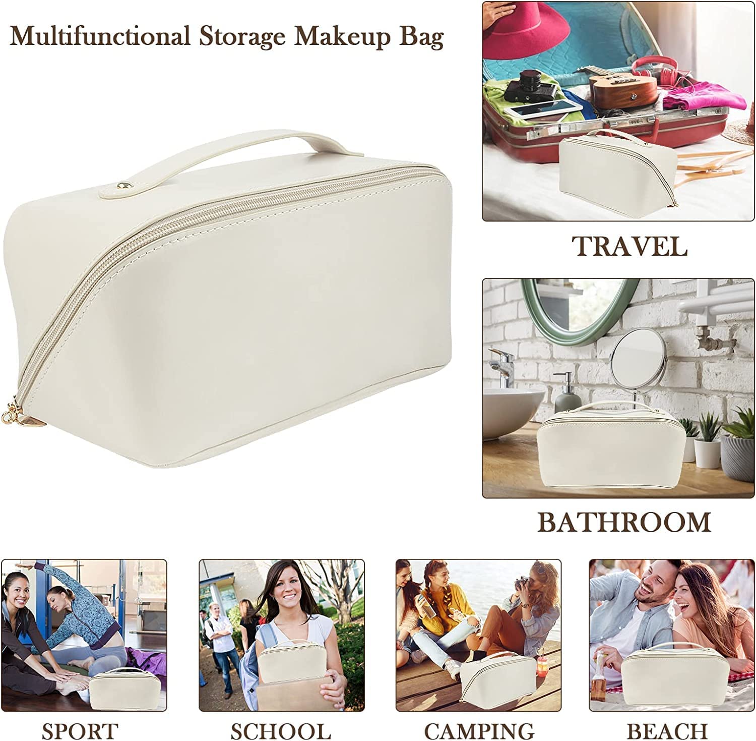 Large Capacity Cosmetic Travel Bag for Women - Waterproof Leather Makeup Organizer with Handle & Dividers, Portable Wide Opening Storage Case (White) | Perfect for Travel, Gym, Daily Use & Gift Giving