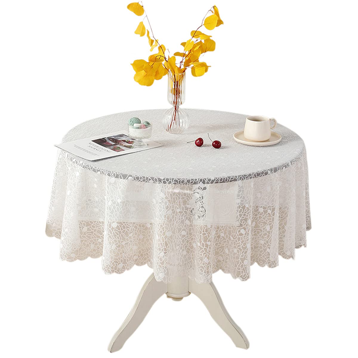 Vintage White Round Lace Tablecloth 48 Inch - Classic Elegant Lightweight Dining Table Cover for Wedding, Party, and Home Decor