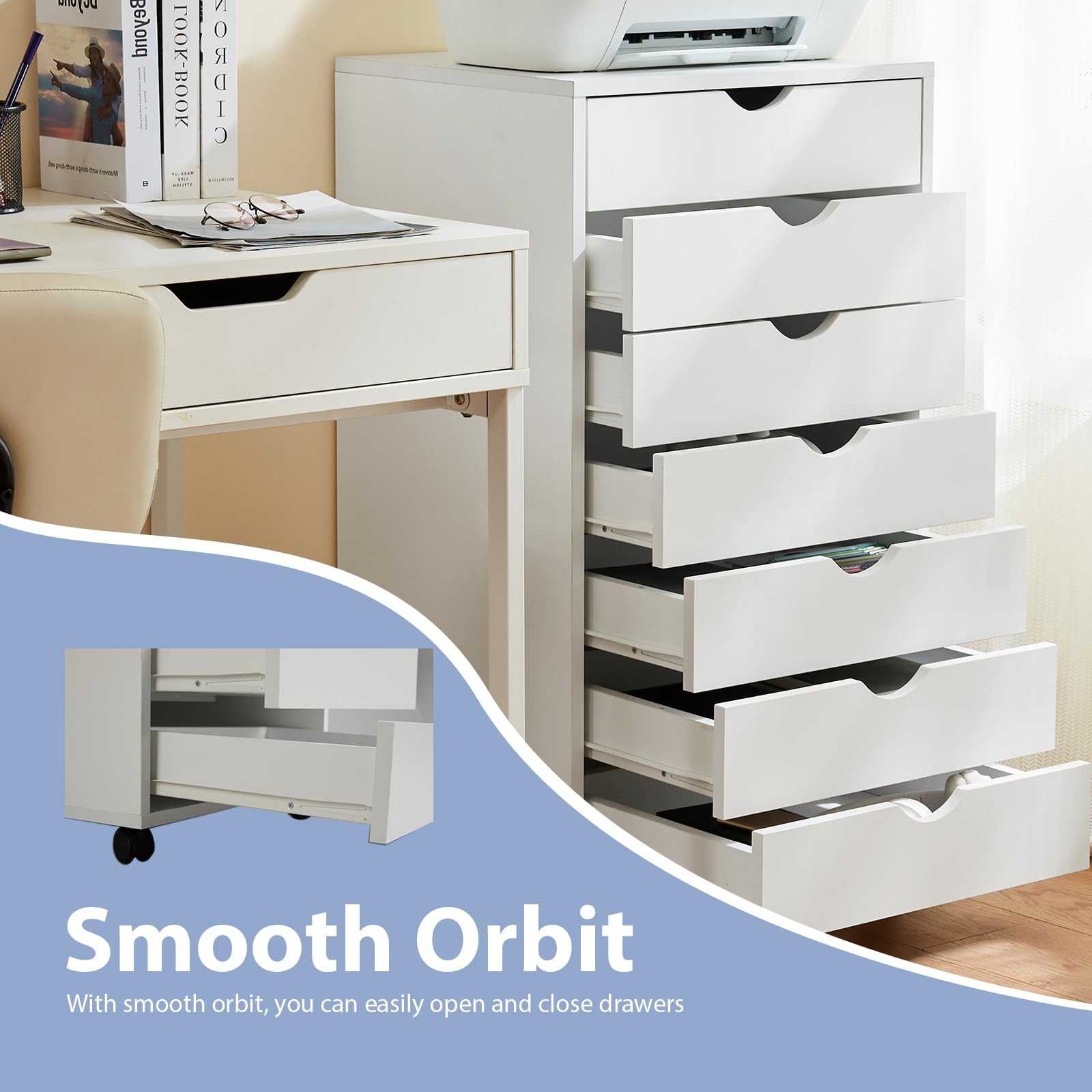 7-Drawer Wooden File Cabinet with Lockable Wheels - Mobile Printer Stand & Under Desk Storage Dresser for Home Office, Study, or Dorm Room Organization - White Office Furniture