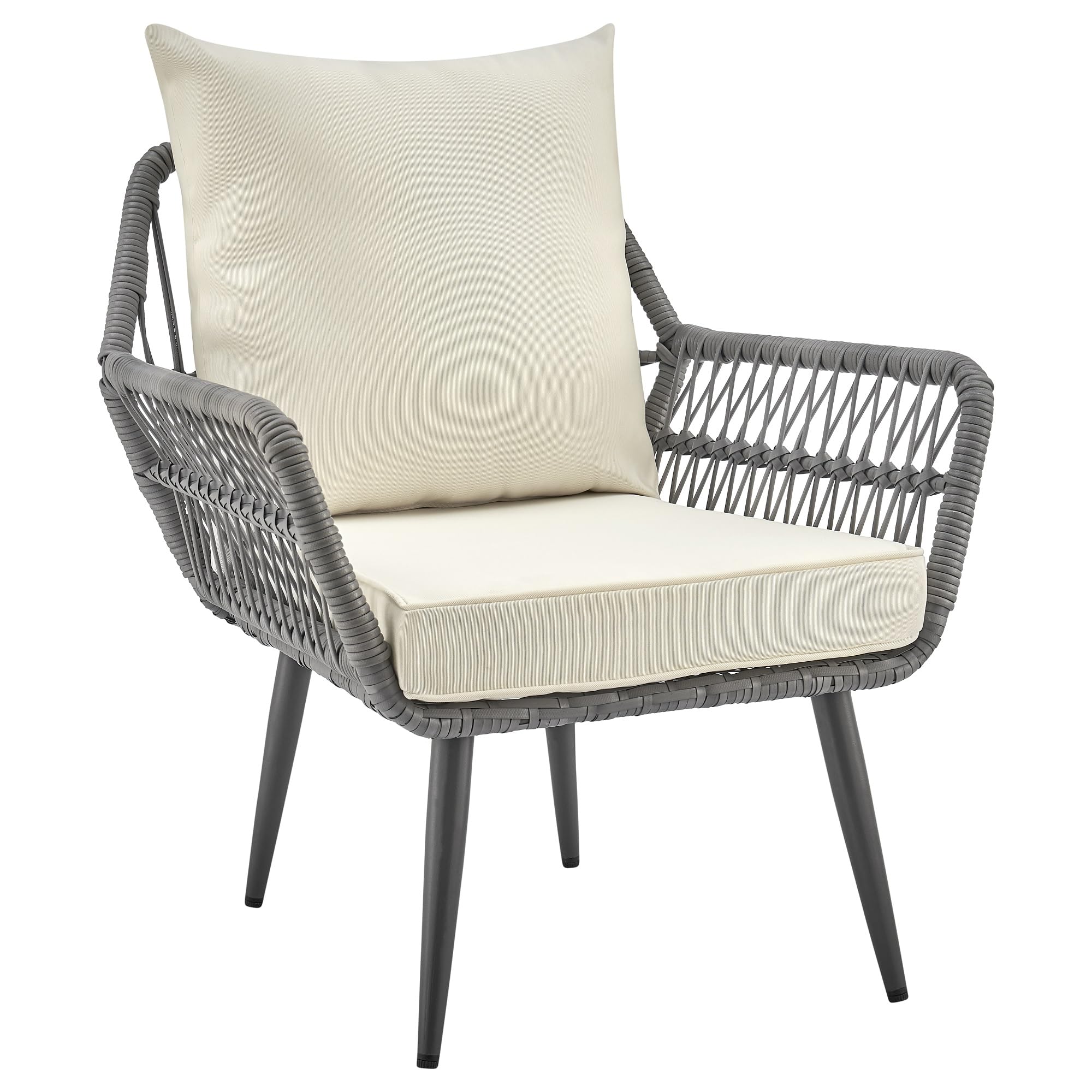 Modern Cannes 3-Piece Patio Conversation Set with Cushioned Rope Wicker Chairs & Glass Top End Table - Outdoor Furniture for Garden, Balcony, Poolside - Washable Cream Cushions & Durable Wicker Design