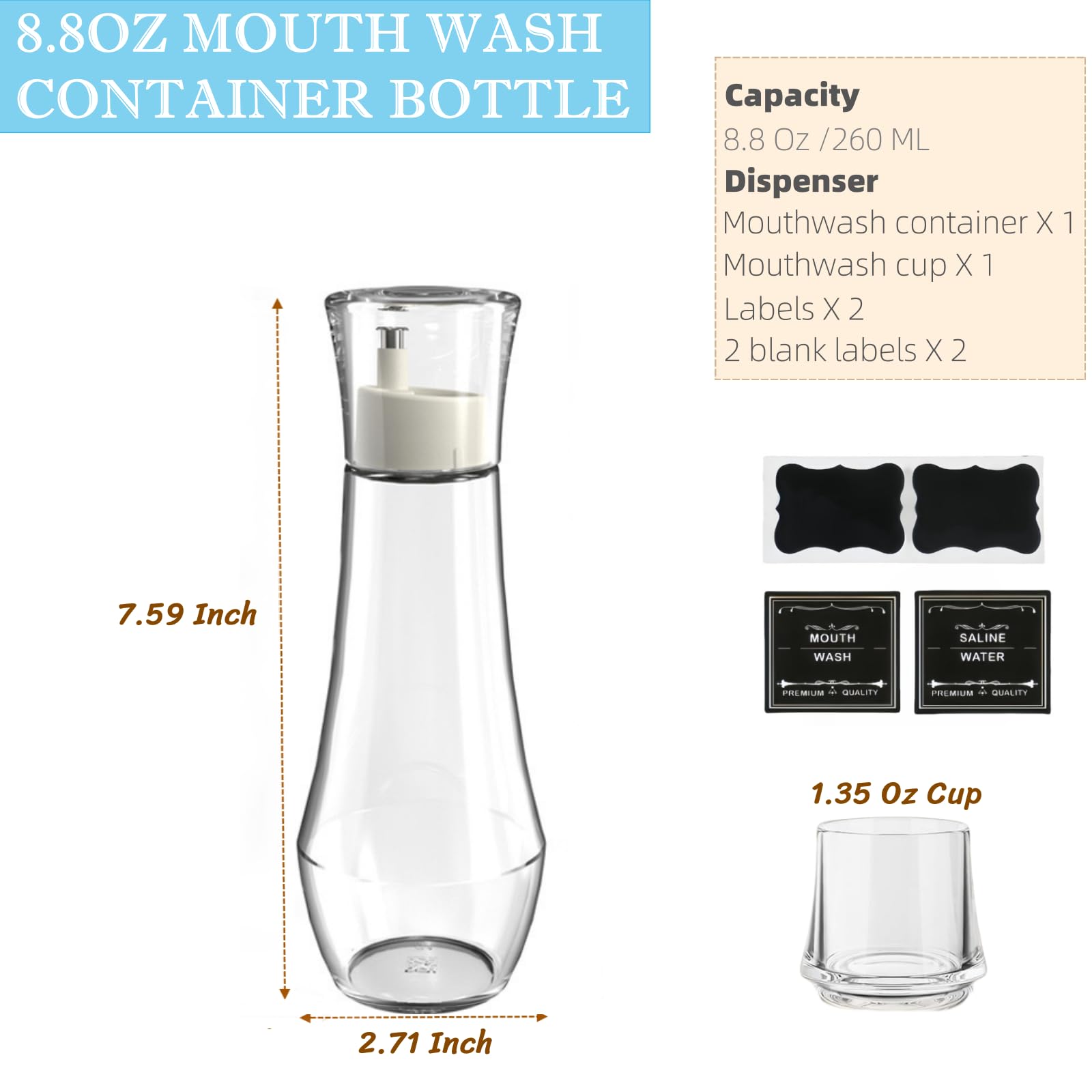 1 Pack 8.8oz Clear Glass Mouthwash Dispenser with Lid Cup - Refillable Bathroom Mouth Wash Container Bottle for Countertop, Vanity & Travel - Includes 4 Pcs Labels (Perfect for Home, Hotel & Office Use)