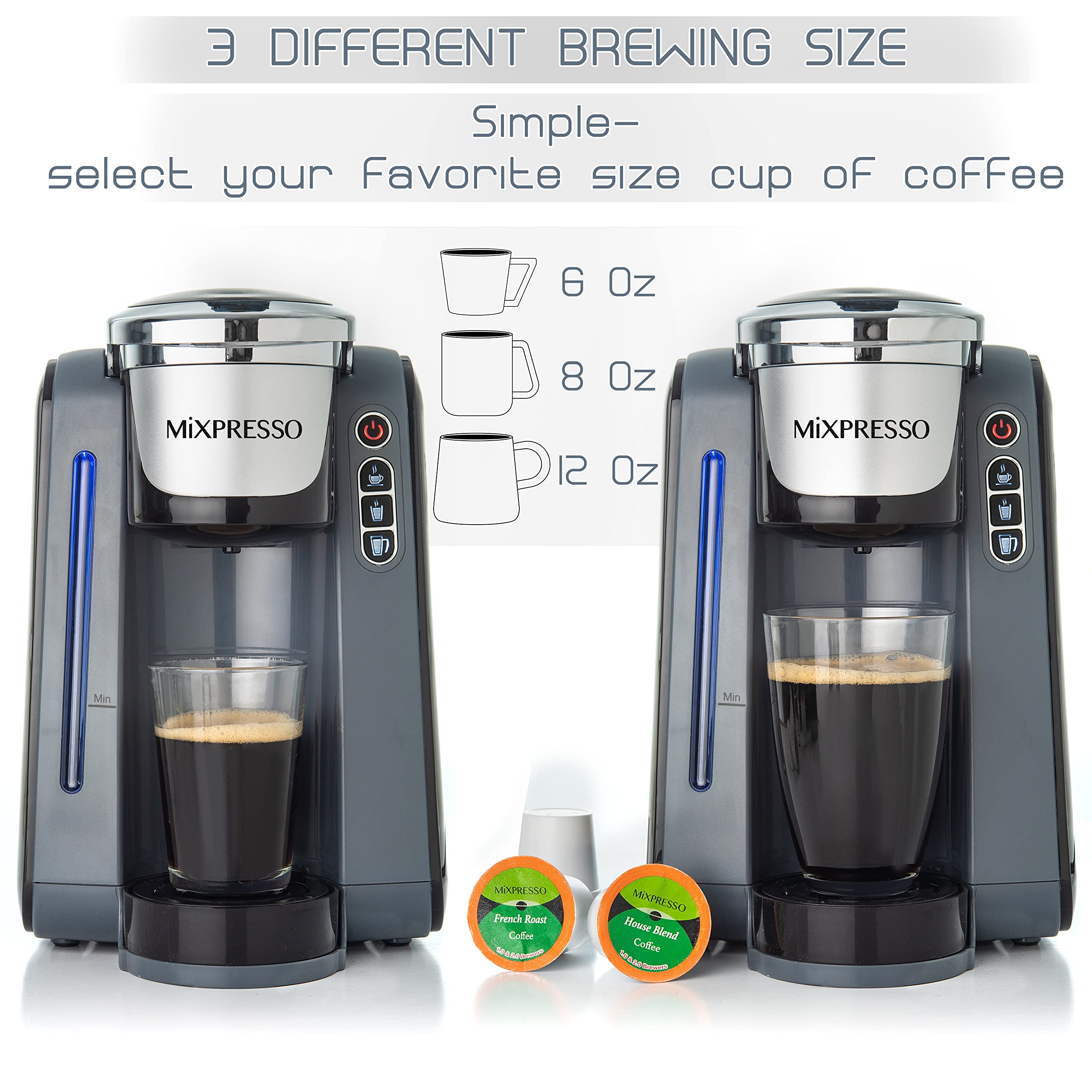 Mixpresso Single Serve K-Cup Coffee Maker - 4 Brew Sizes for 1.0 & 2.0 K-Cup Pods, 45oz Removable Water Tank, Fast Brewing with Auto Shut-Off - Perfect for Home, Office & Dorm Use (Gray)
