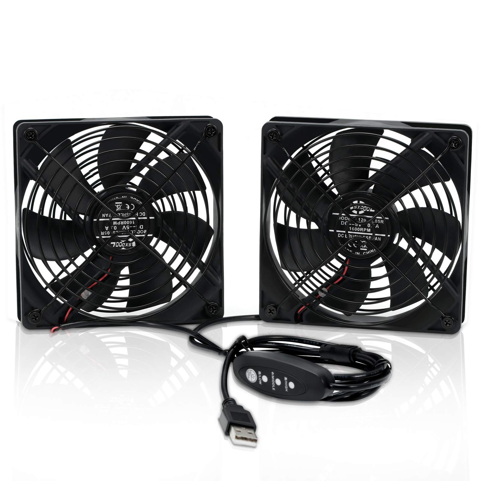5V Dual 120mm USB Computer Cooling Fan with Speed Controller - Ultra Quiet PC Case Fan for Gaming PC, Router, DVR, PlayStation, Xbox - Perfect for Home Office & Gaming Setup Cooling