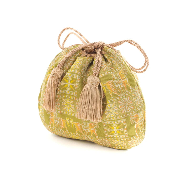 Nishijin Ori Small Drawstring Bag - Horse & Green Design | Handmade in Kyoto Japan | Traditional Japanese Craft Purse for Coins, Jewelry & Gifts