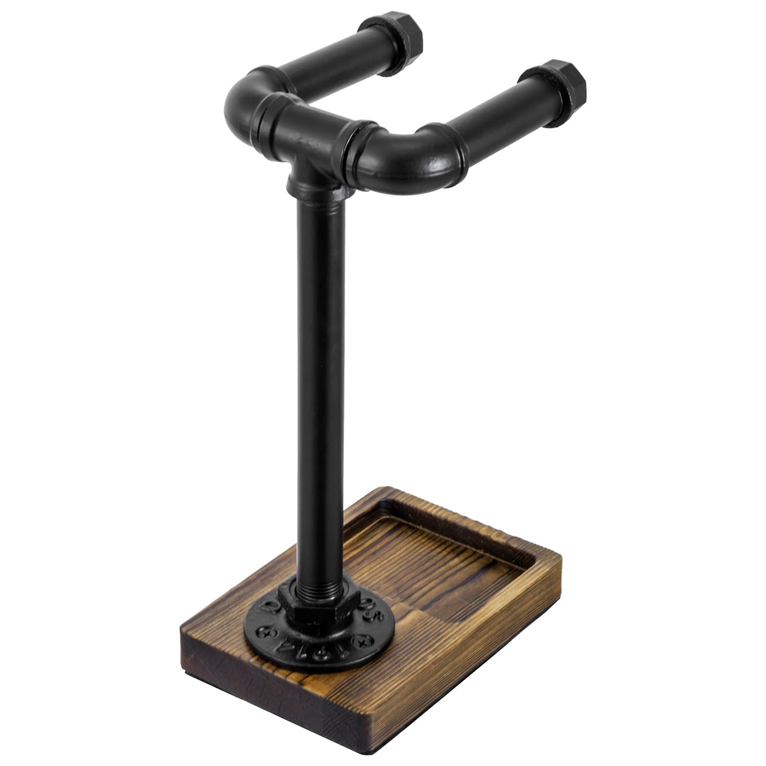MyGift Universal Headphone Stand - Industrial Black Metal Pipe & Solid Wood Tray Desktop Headset Holder for Gaming, Office & Home Workspace Organization