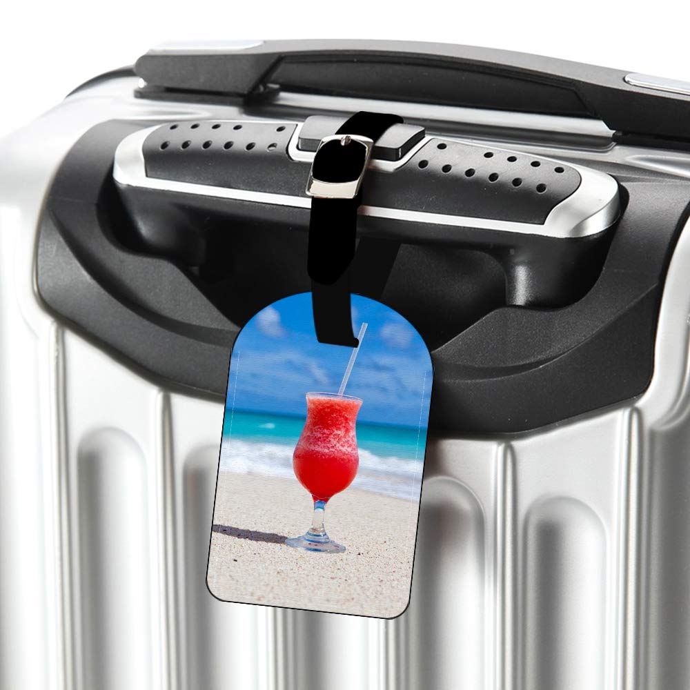 Caribbean Beach Cocktail Leather Luggage Tag - Tropical Drink Design Suitcase ID Label for Travel Bags (1 Pack) - Perfect for Vacation, Cruise & Beach Getaways