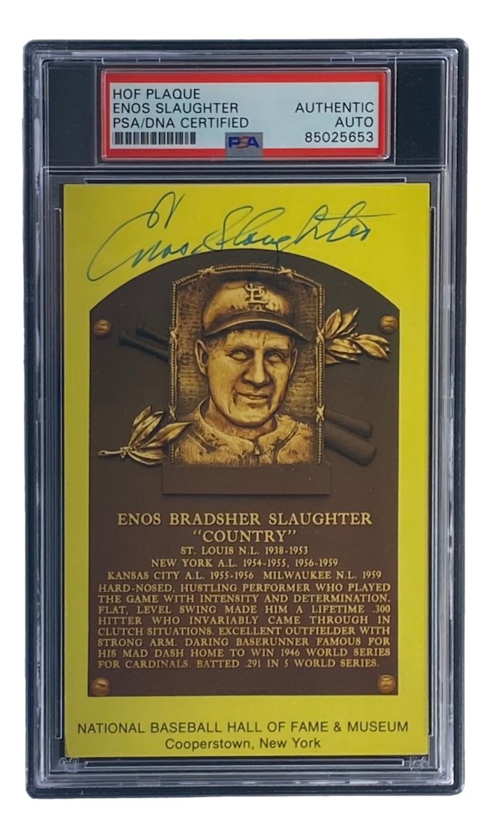 Enos Slaughter Autographed 4x6 St. Louis Cardinals Hall of Fame Plaque Card with PSA/DNA Certification #85025653 - Perfect for Baseball Memorabilia Collections & Sports Fan Gifts