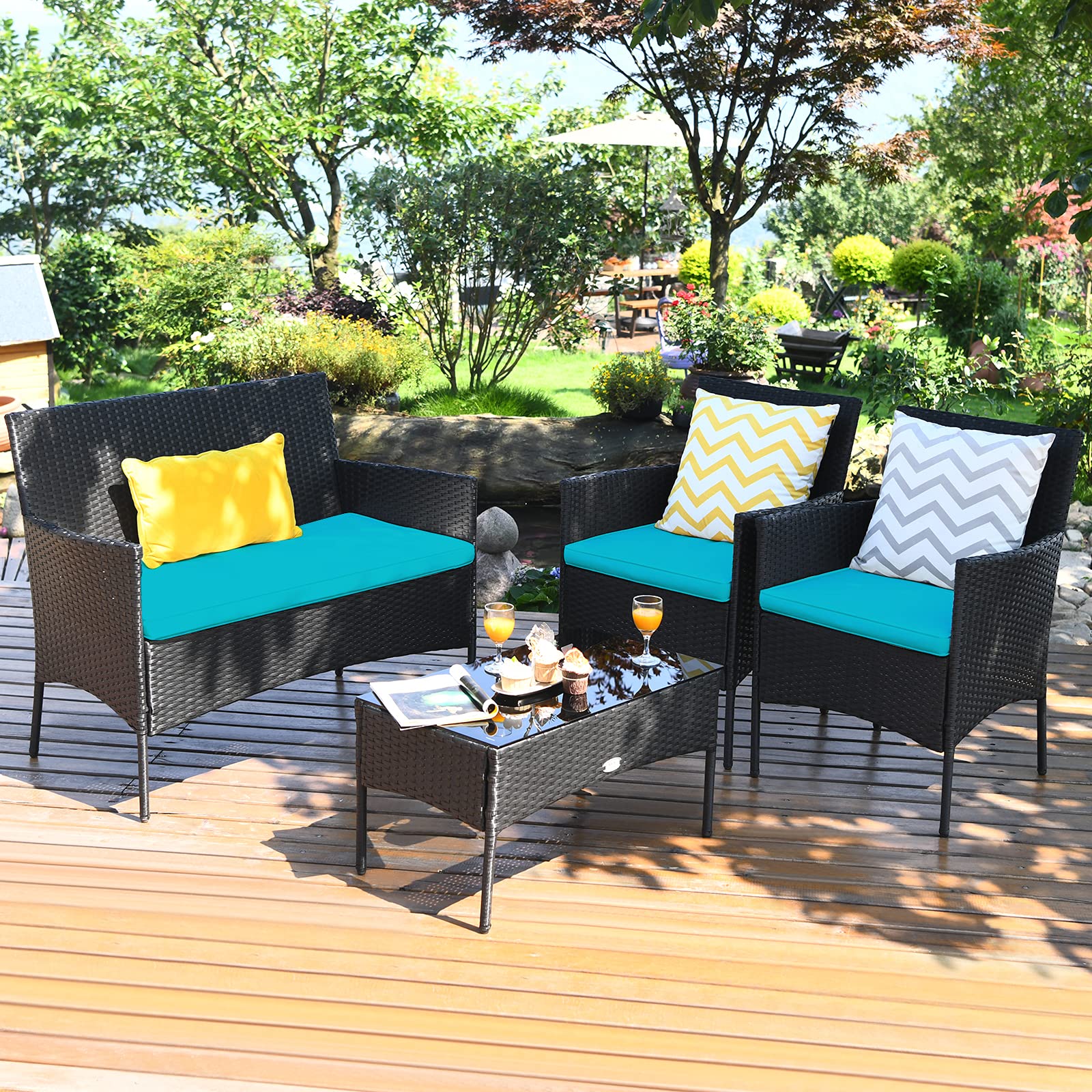 Tangkula 4-Piece Outdoor Patio Furniture Set - Wicker Conversation Set with Tempered Glass Coffee Table, Rattan Loveseat & Chairs with Cushions - Perfect for Backyard, Garden, Poolside, and Patio (Turquoise)