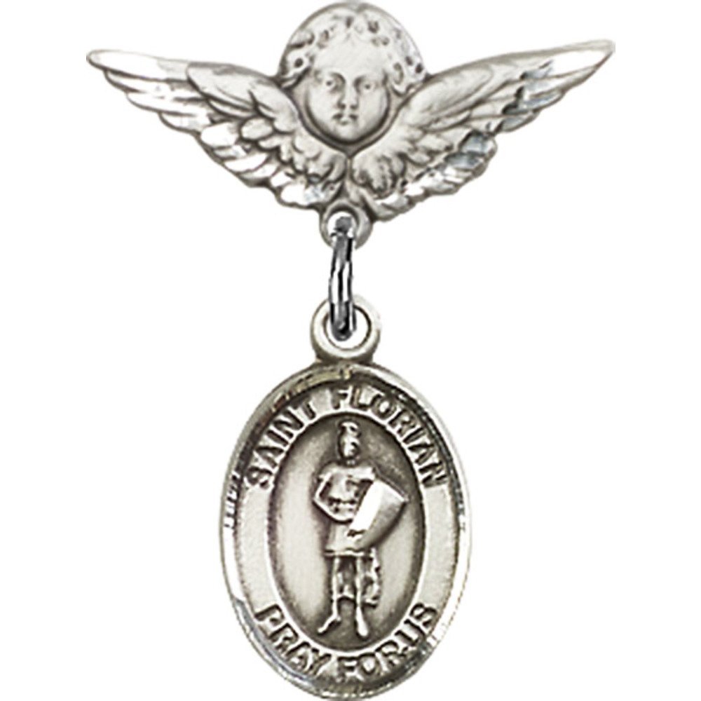St. Florian Sterling Silver Baby Badge with Angel Wing Charm - 7/8