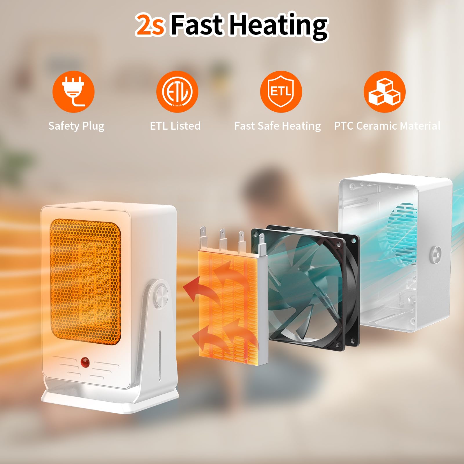 Portable 900W PTC Fast Heating Space Heater for Indoor Use - Adjustable 30° Angle, Lightweight Electric Heater for Office, Bedroom & Personal Use | Perfect for Desks, Small Rooms & Workspaces