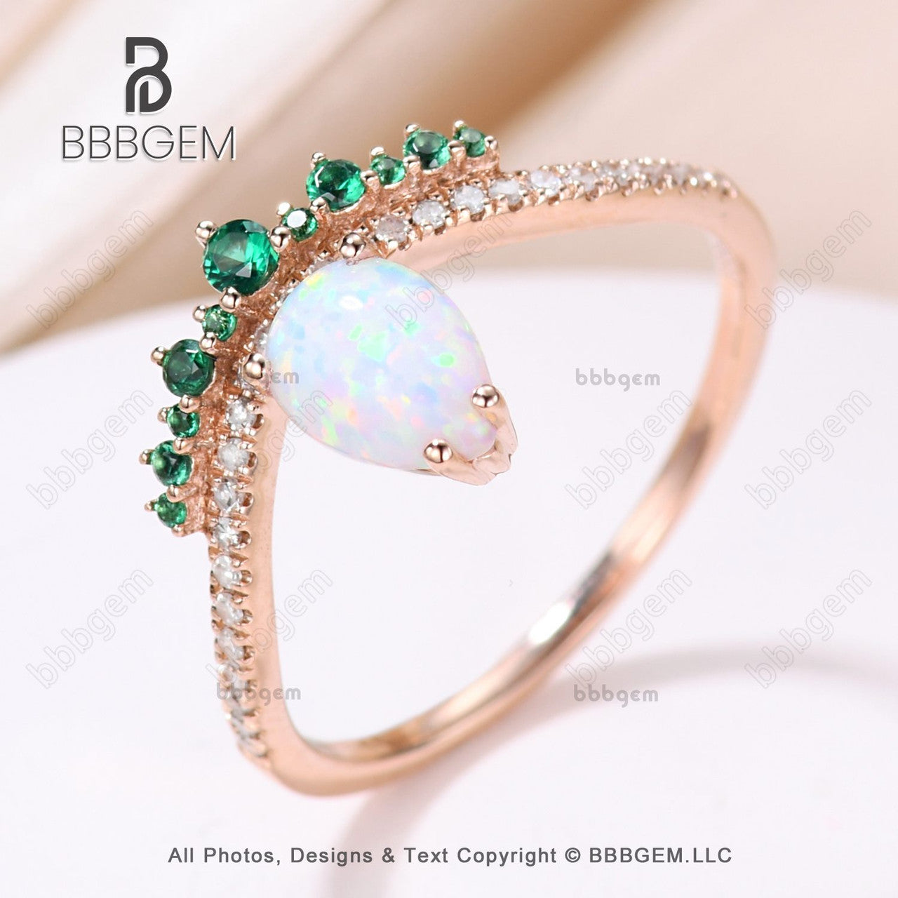 Vintage Opal Emerald Engagement Ring - October Birthstone Art Deco Rose Gold Diamond Wedding Band for Women - Perfect for Proposals, Anniversaries & Special Occasions