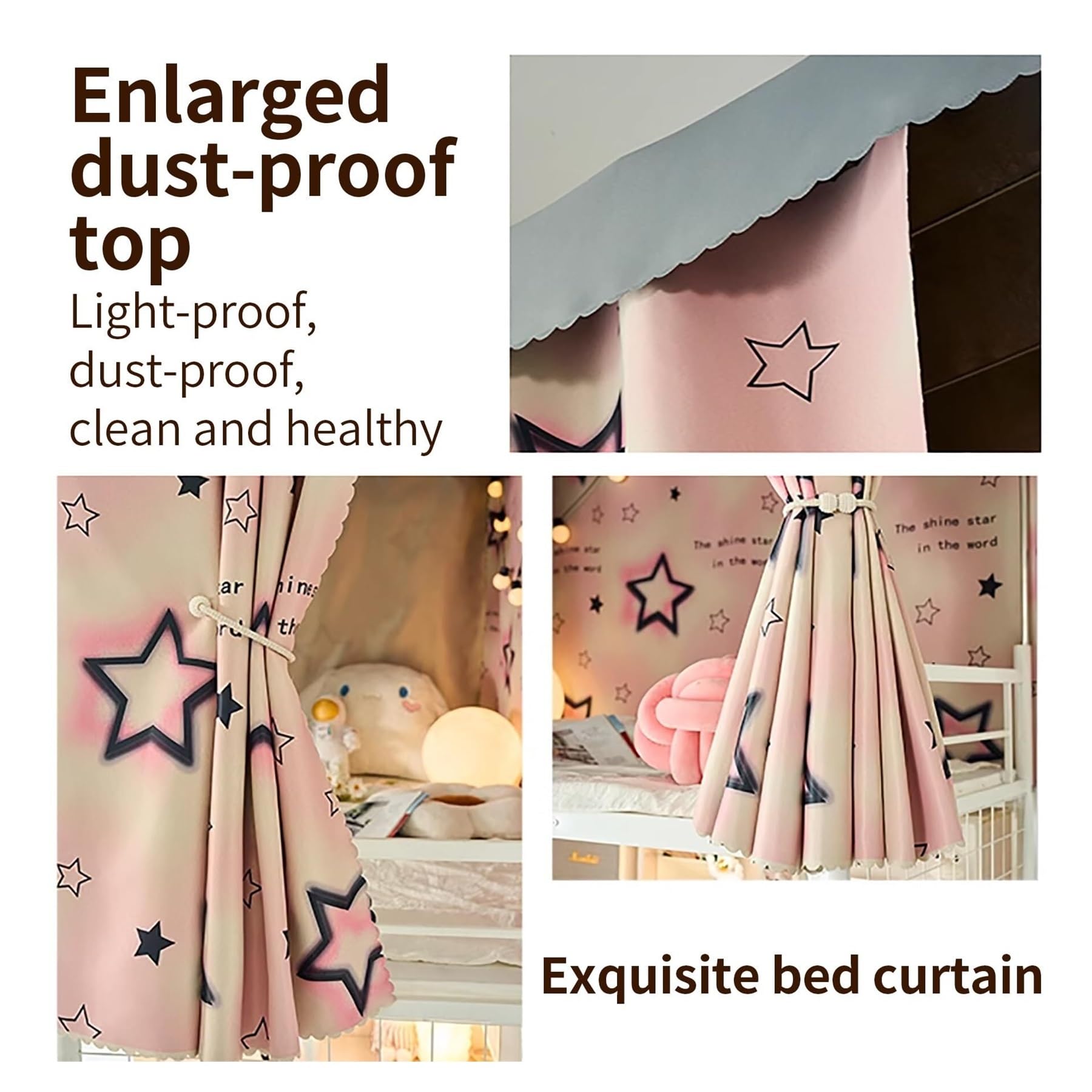 Pink Bunk Bed Curtains for Privacy & Shading - Twin Top Bunk Bed Tent Canopy with Frame Post Poles - Dorm Room & Kids Bedroom Privacy Solution for Sleep & Study
