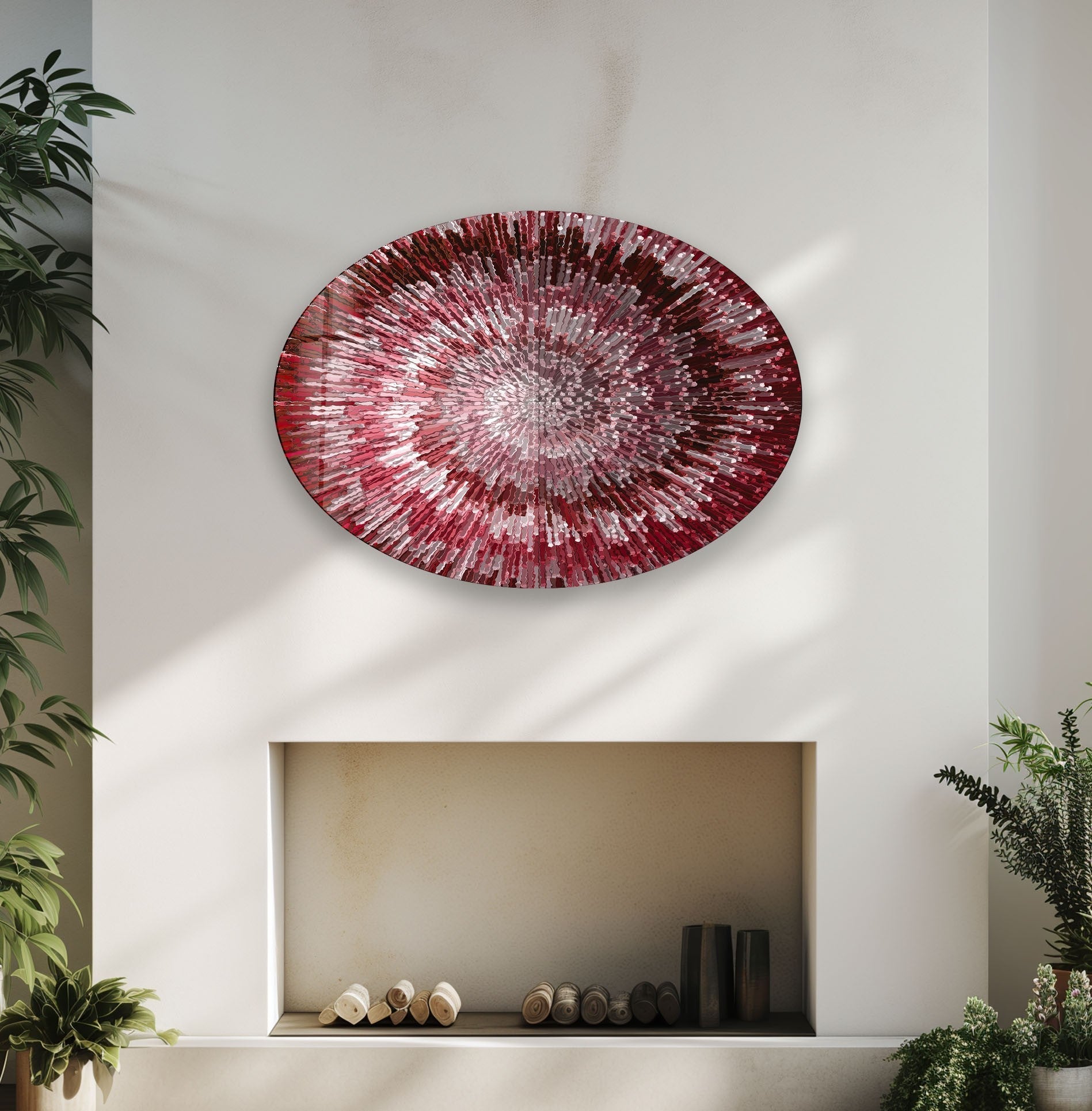 Modern Asymmetric Oval Red Abstract Glass Wall Art - Handmade Contemporary Decor for Living Room, Bedroom & Office