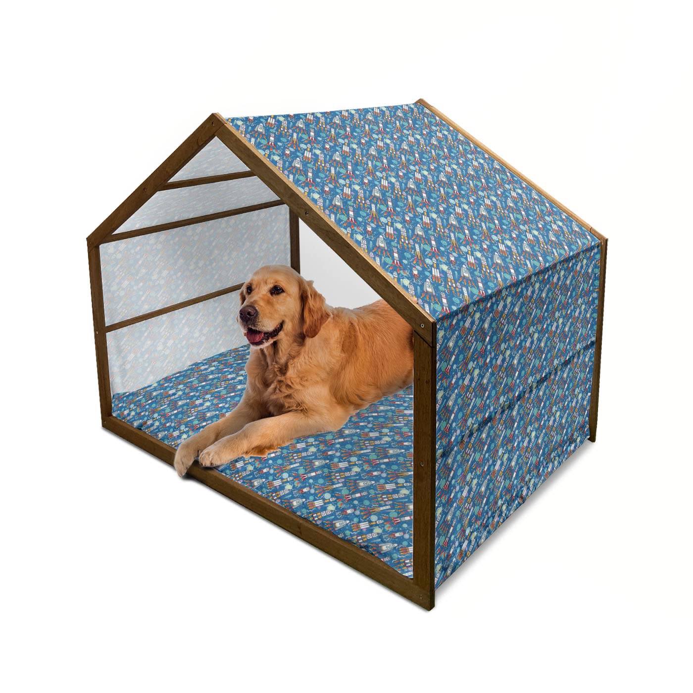 Ambesonne Spaceship Themed Wooden Dog House - Hand-Drawn Cartoon Spaceships, Planets & Stars Design - Indoor & Outdoor Portable Pet Kennel with Removable Pillow & Cover - X-Large Size for Medium to Large Dogs - Perfect for Backyard, Patio or Living Room Decor