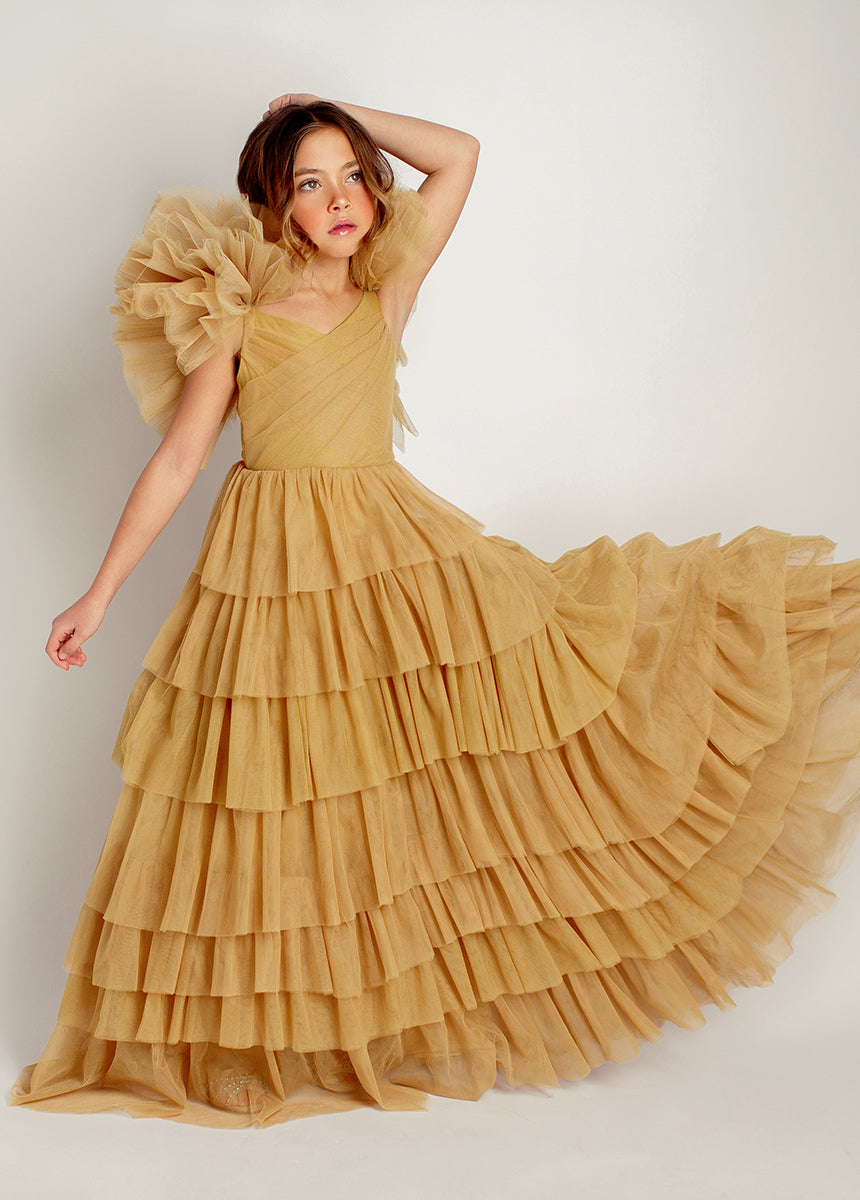 Briony Impact Dress in Butterscotch - Elegant A-Line Midi Dress for Women | Perfect for Weddings, Parties & Special Occasions