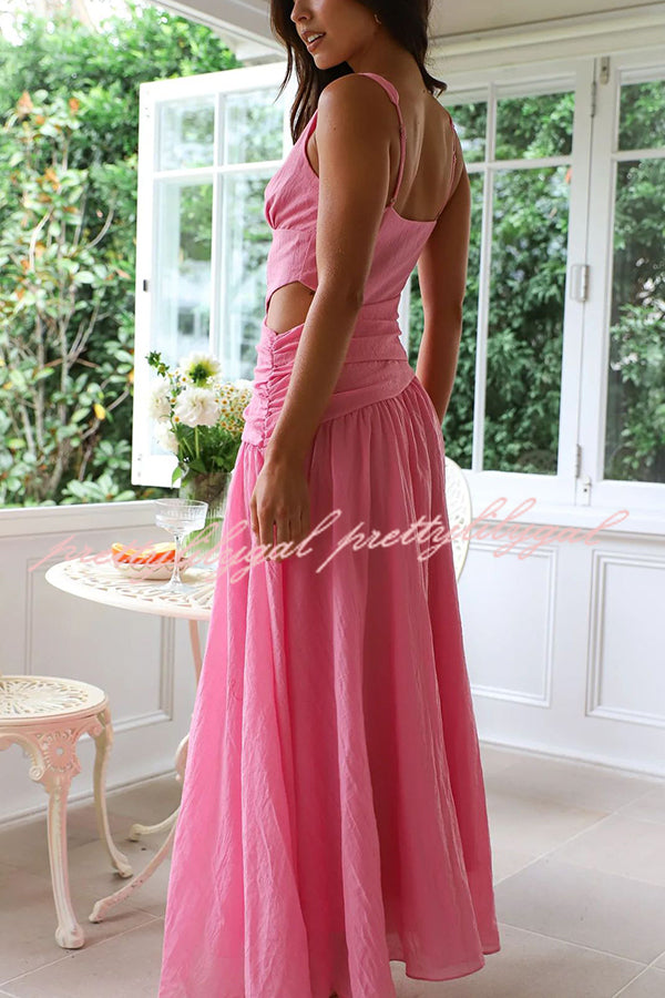 Elegant Solid Color V-Neck Waist Hollow Slim Maxi Dress for Women - Perfect for Summer Beach, Party & Evening Occasions