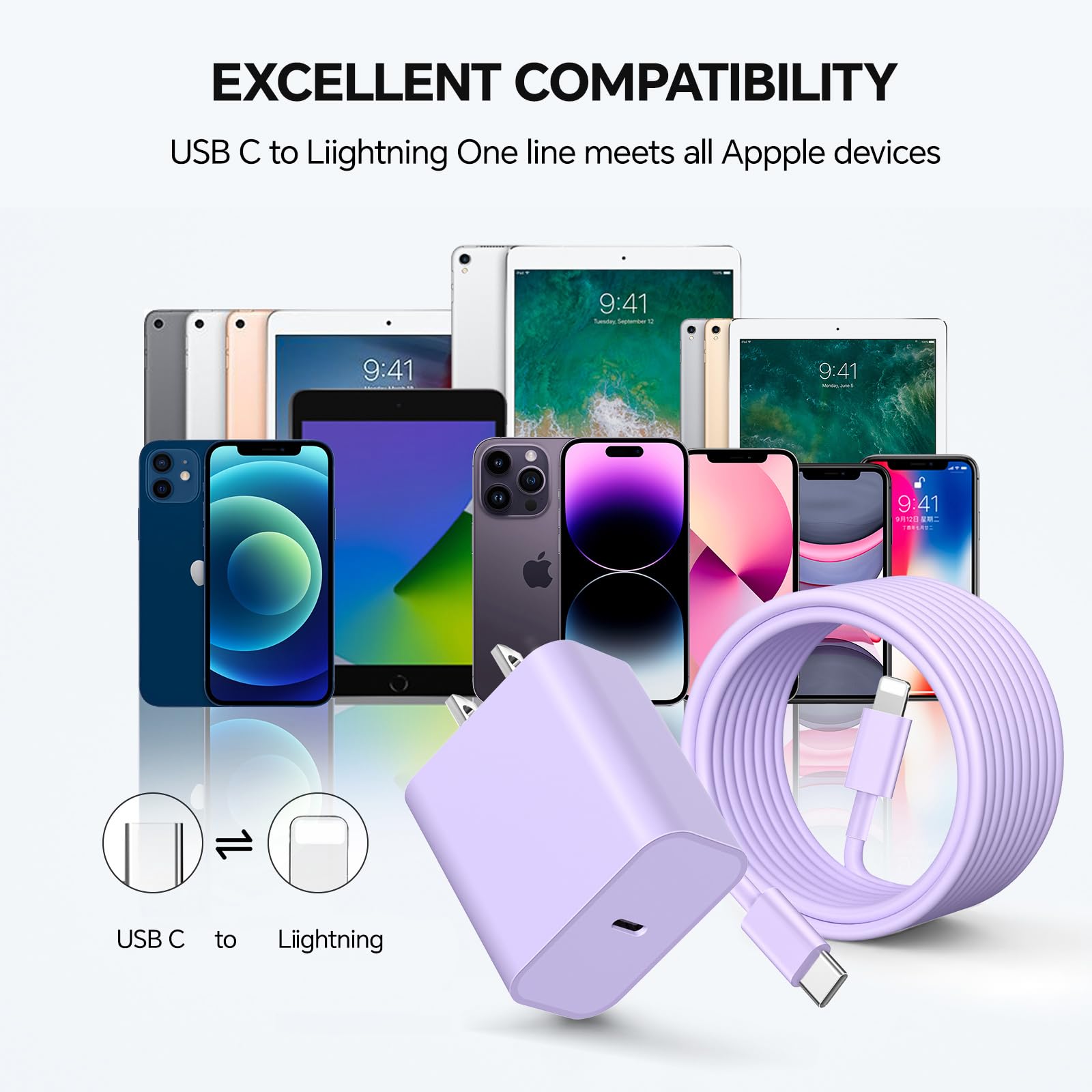 20W USB C Fast Charger 2-Pack with 6FT/10FT Cable - Compatible with iPhone 14/13/12/11 Pro/Max/Plus/XS/XR/X/SE/8 & iPad - Purple Wall Charger for Home, Office & Travel