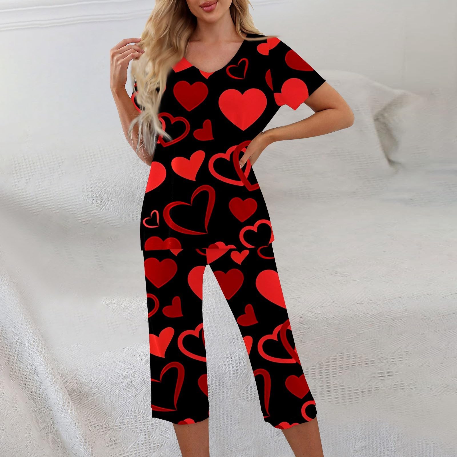 Valentine's Day Pajamas for Women - Cute Heart Print Sleepwear Set, Short Sleeve Top & Pants, 2-Piece Lounge Outfit | Perfect for Valentine's Gifts, Anniversary, Romantic Nights & Cozy Sleepwear
