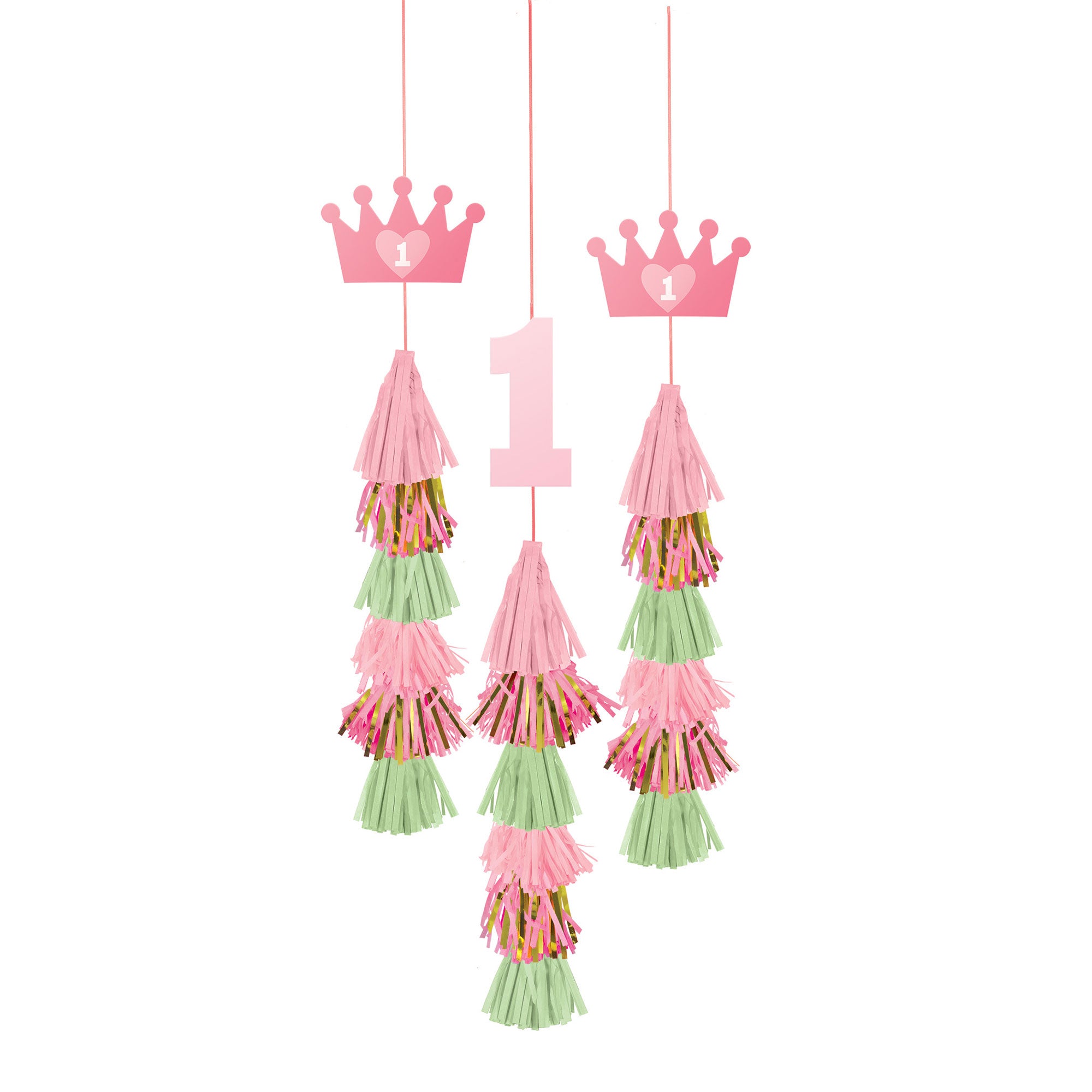 1st Birthday Girl Dangle Tassel Decorations - Pack of 3 Pink Gold Glitter Party Decor for Baby Shower, Birthday Party & Photo Backdrop